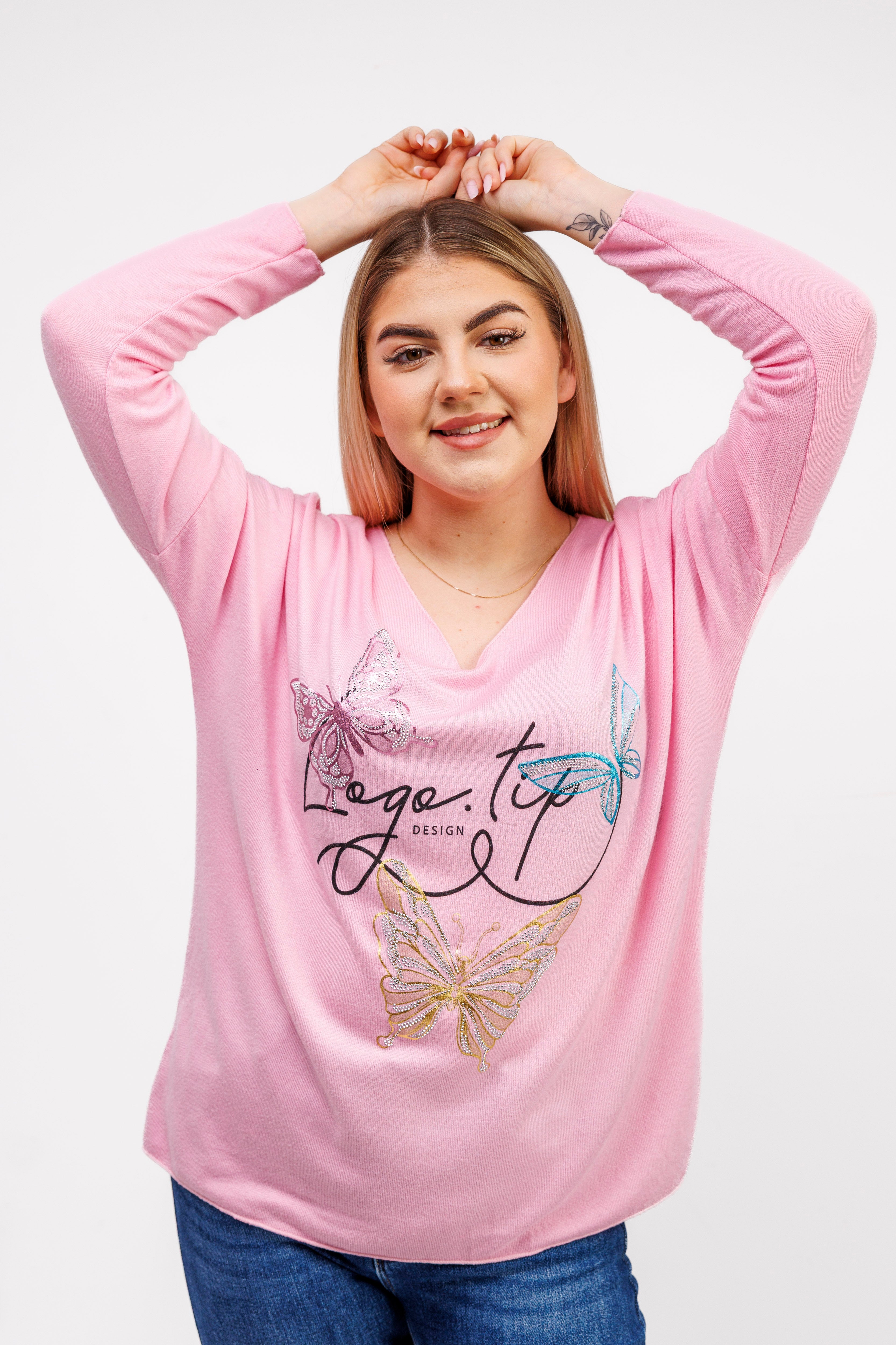 Sweterek z dekoltem V i ozdobnymi motylami Różowy