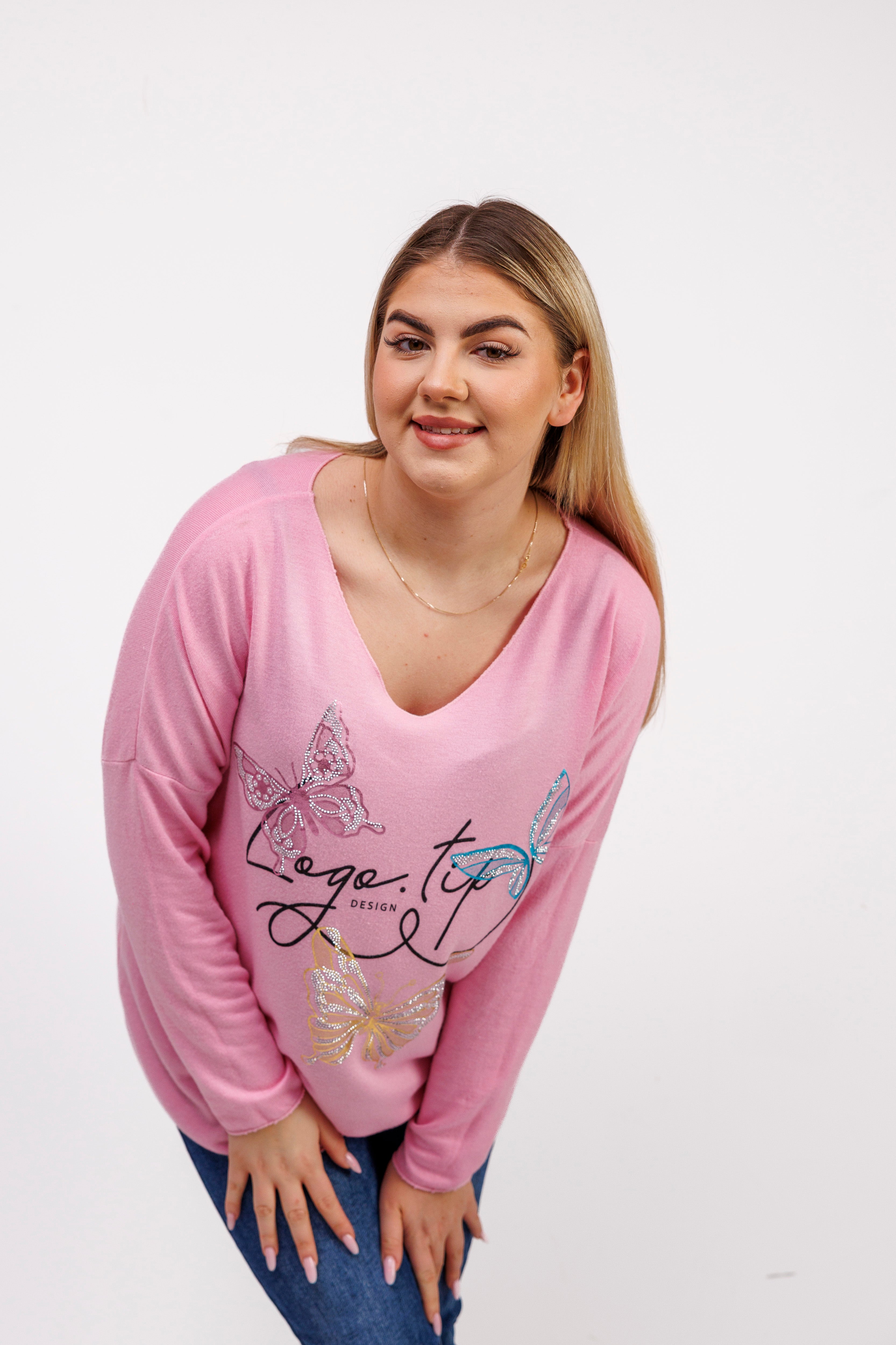 Sweterek z dekoltem V i ozdobnymi motylami Różowy