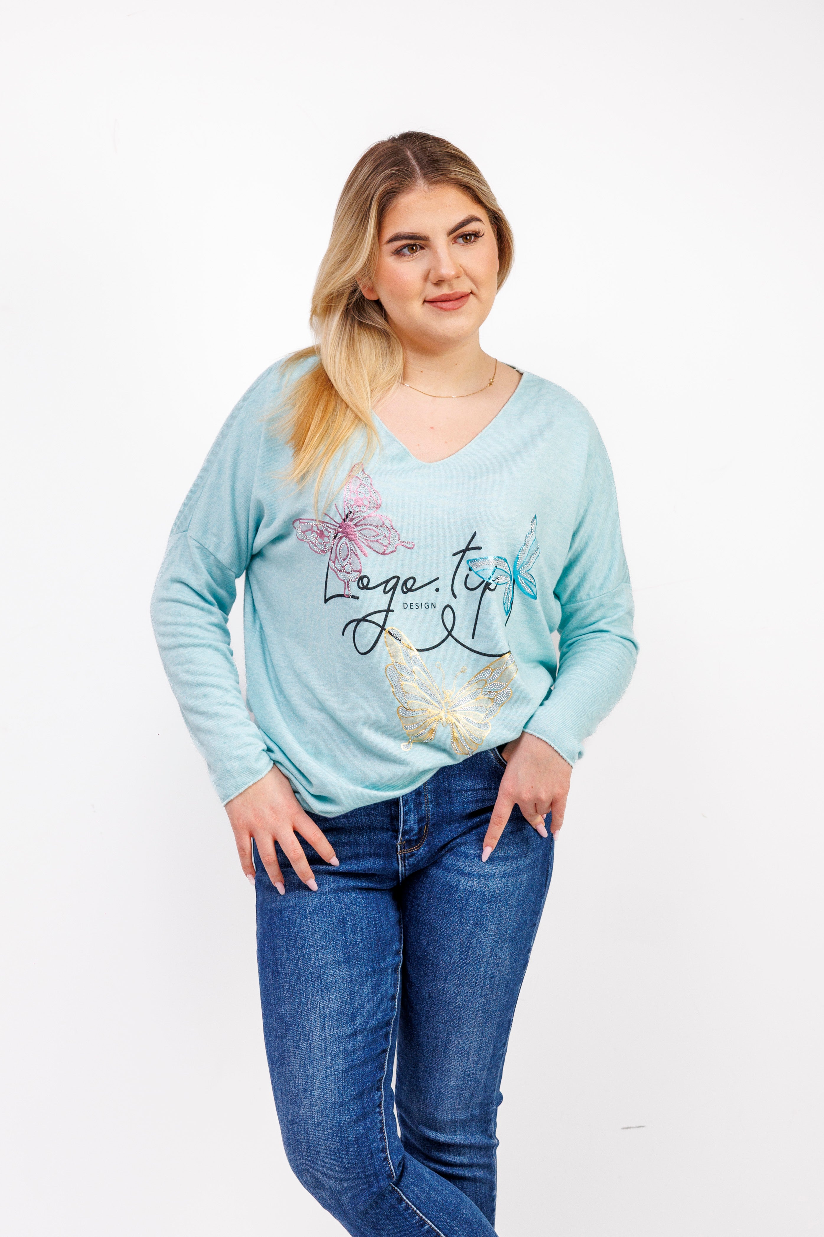 Sweterek z dekoltem V i ozdobnymi motylami Mięta