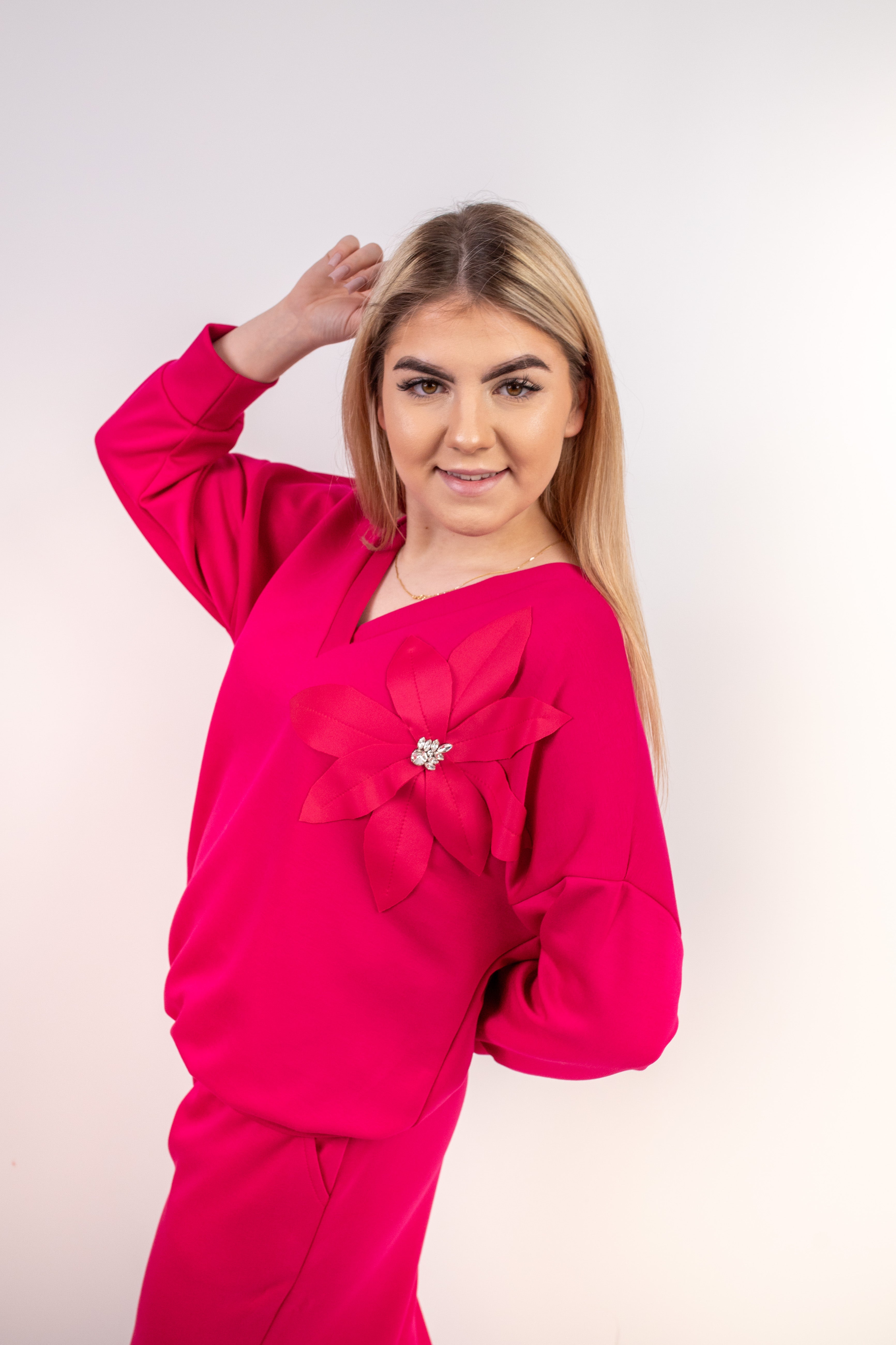 Stylowy komplet z materiału masełko Fuksja