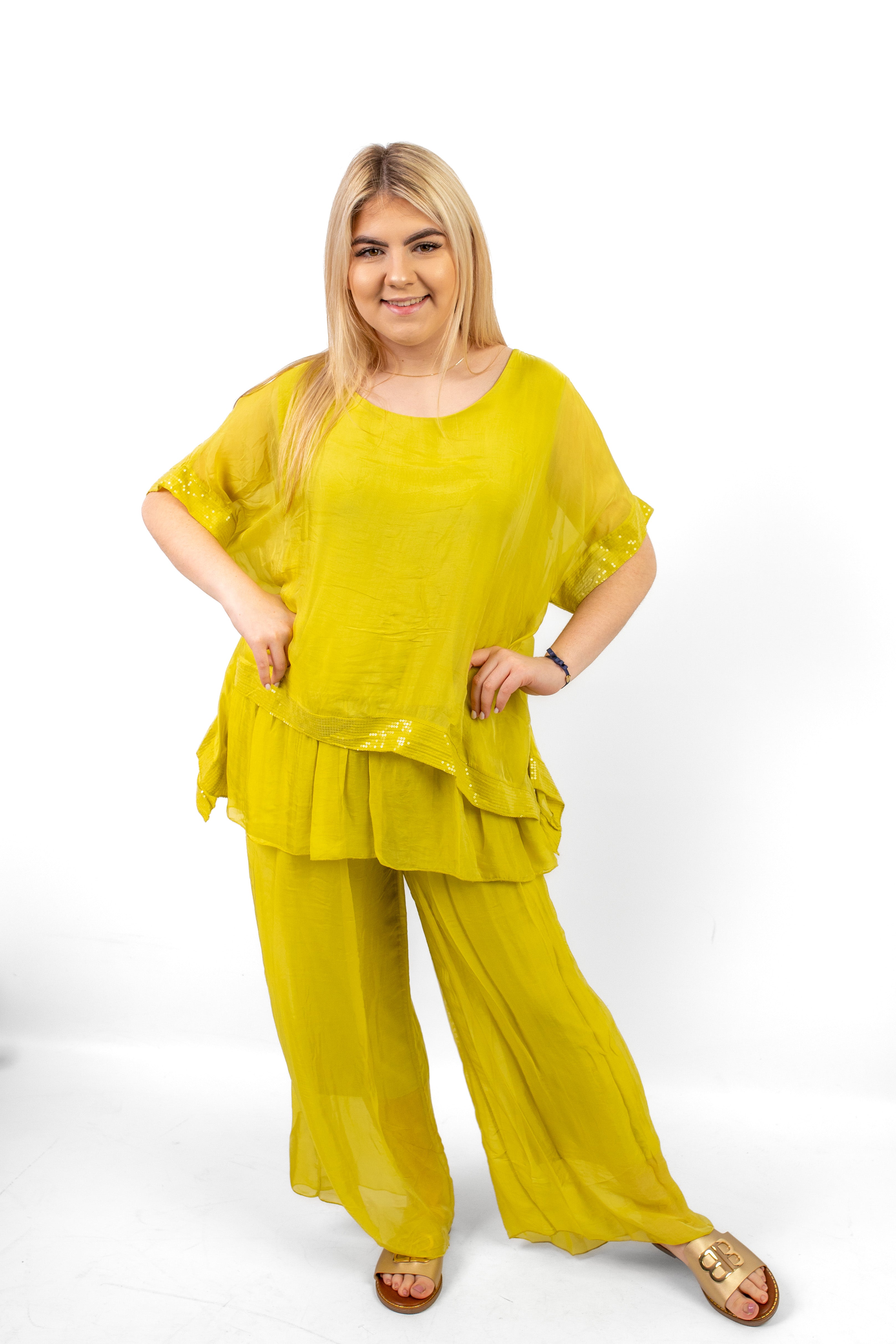 Elegancki jedwabny komplet z wiskozową podszewką Limonka