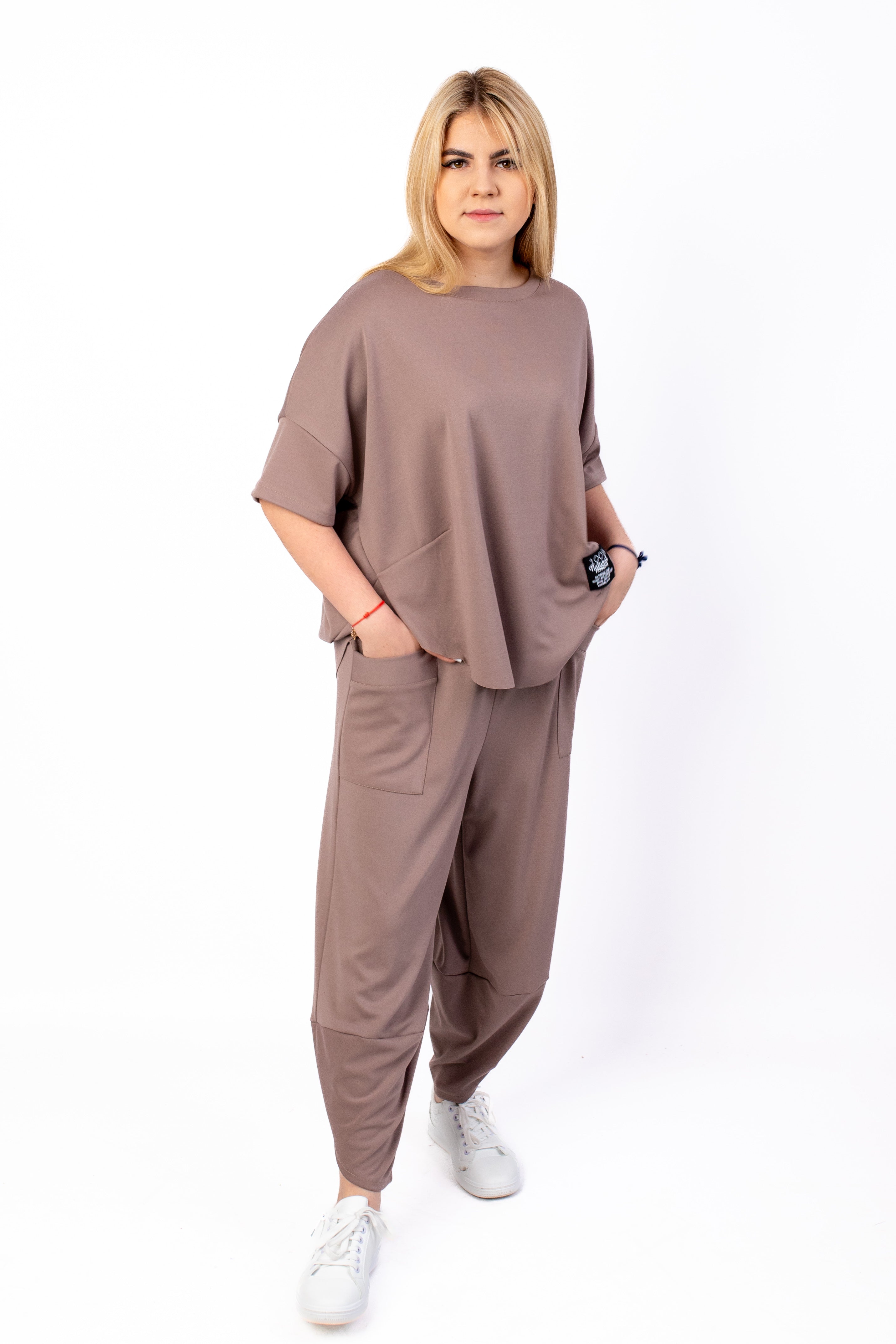 Wygodny modny dres Bluzka+Spodnie Ciemny Beż