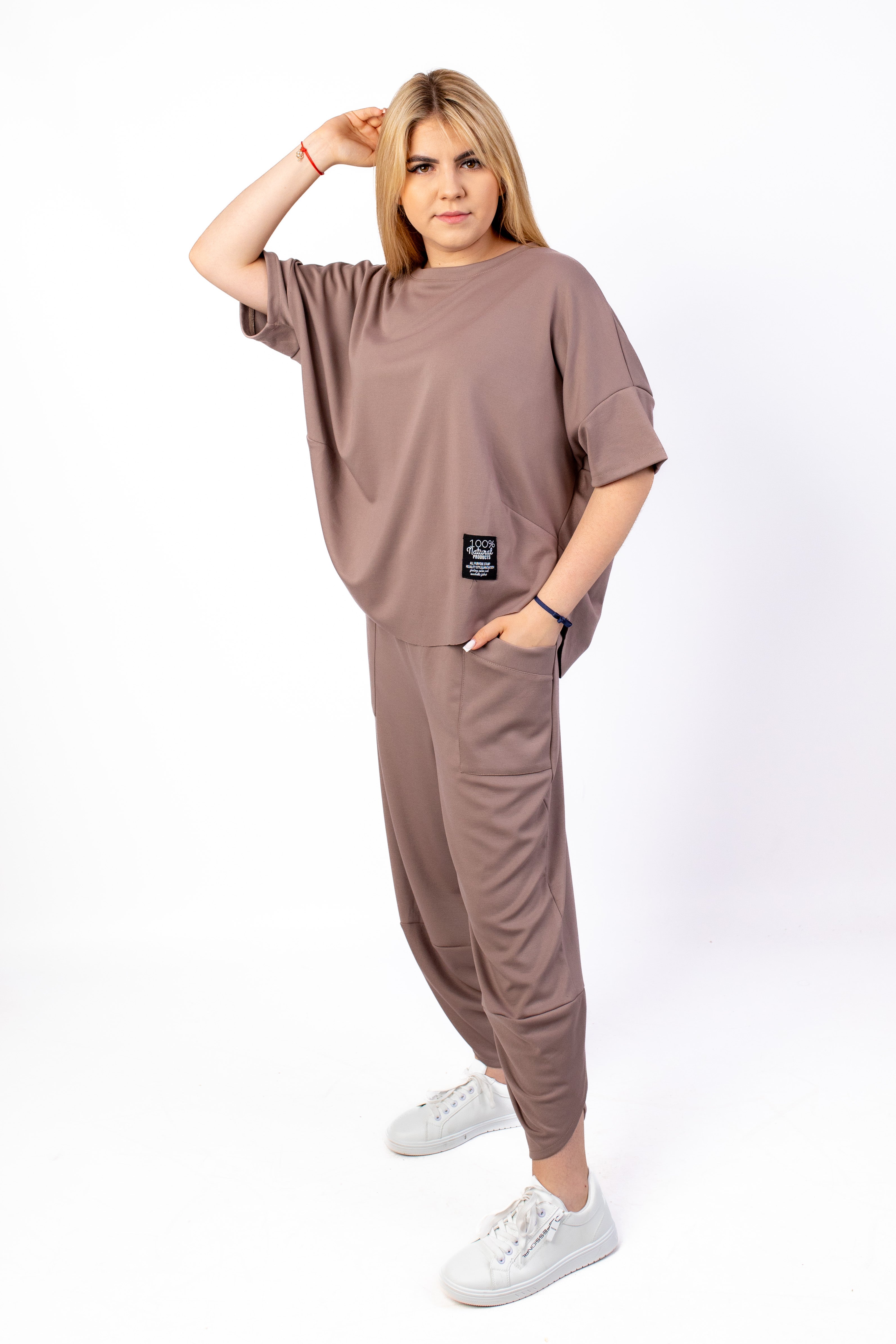 Wygodny modny dres Bluzka+Spodnie Ciemny Beż