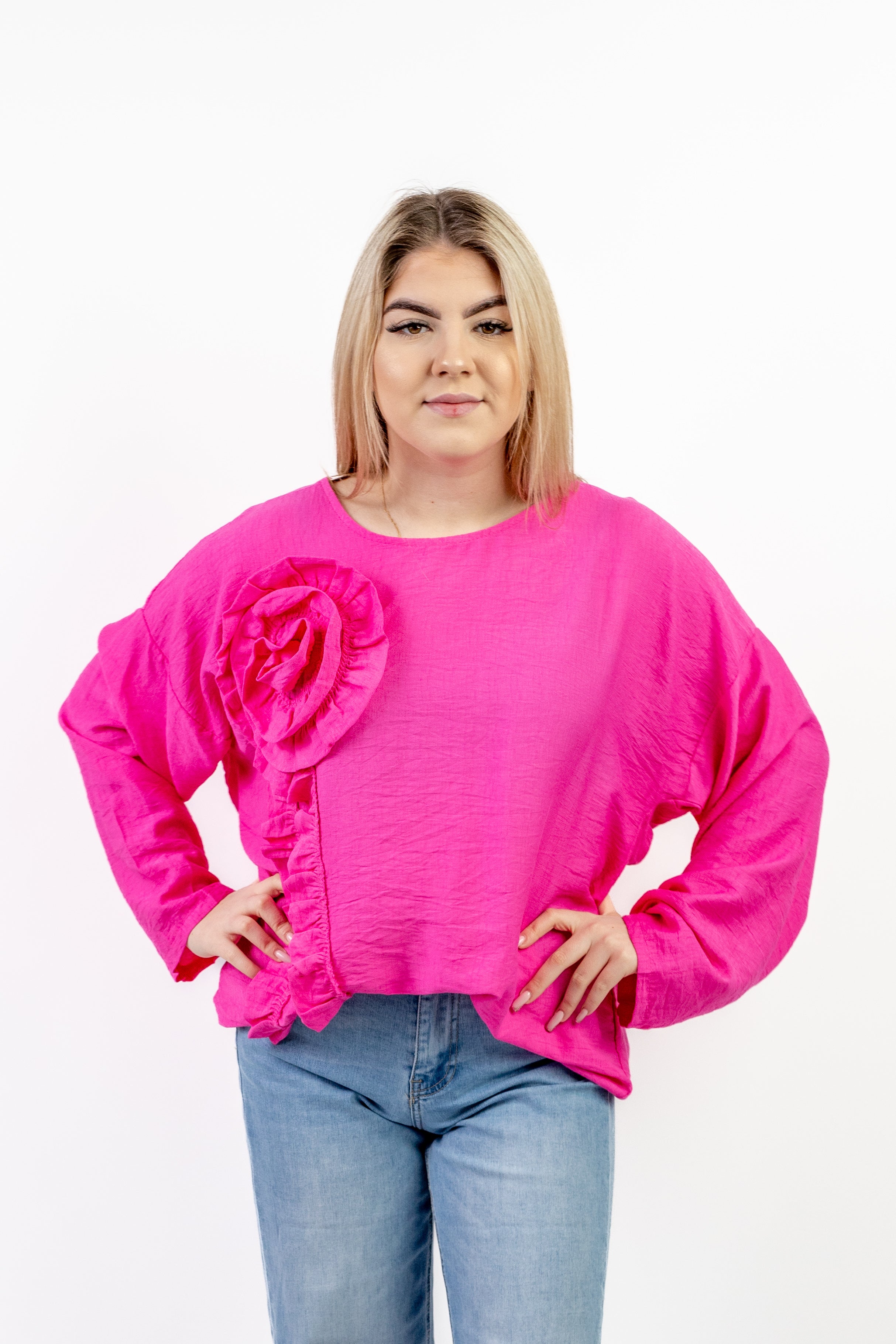 Włoska bluzka oversize z dekoracyjną różą z wiskozy Fuksja