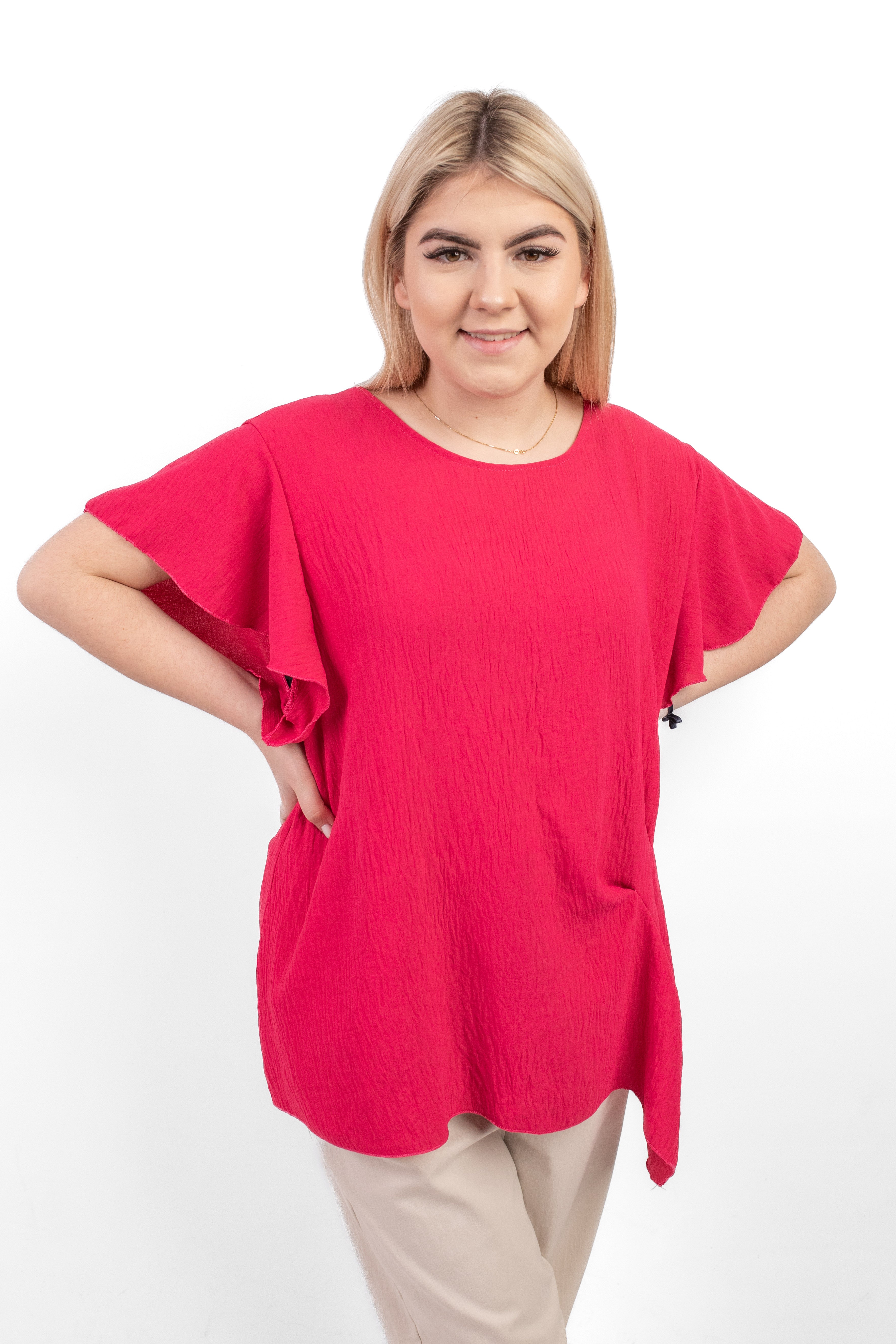 Włoska bluzka oversize z falbankowymi rękawami i marszczeniem z bok Fuksja
