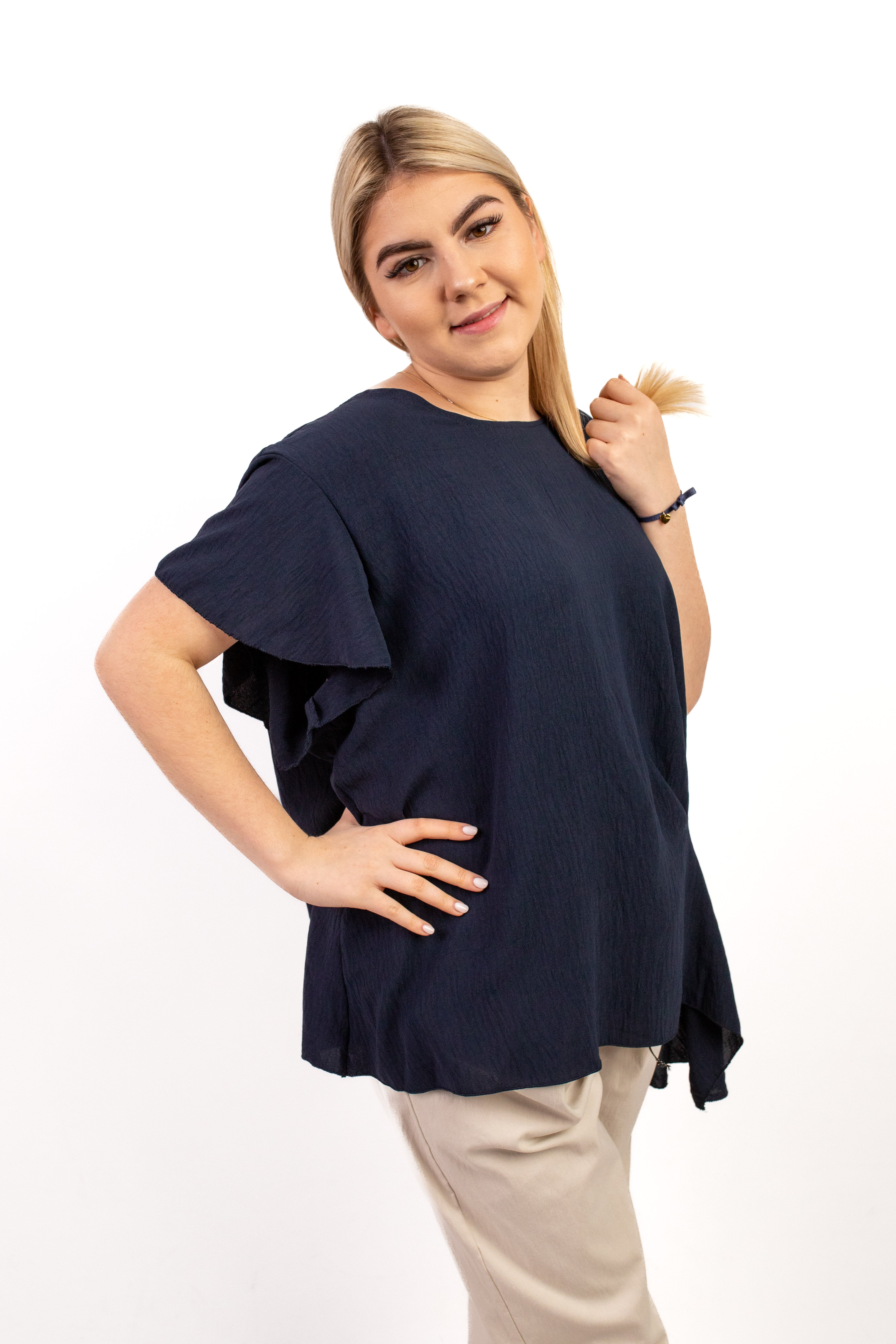 Włoska bluzka oversize z falbankowymi rękawami i marszczeniem z bok Granat