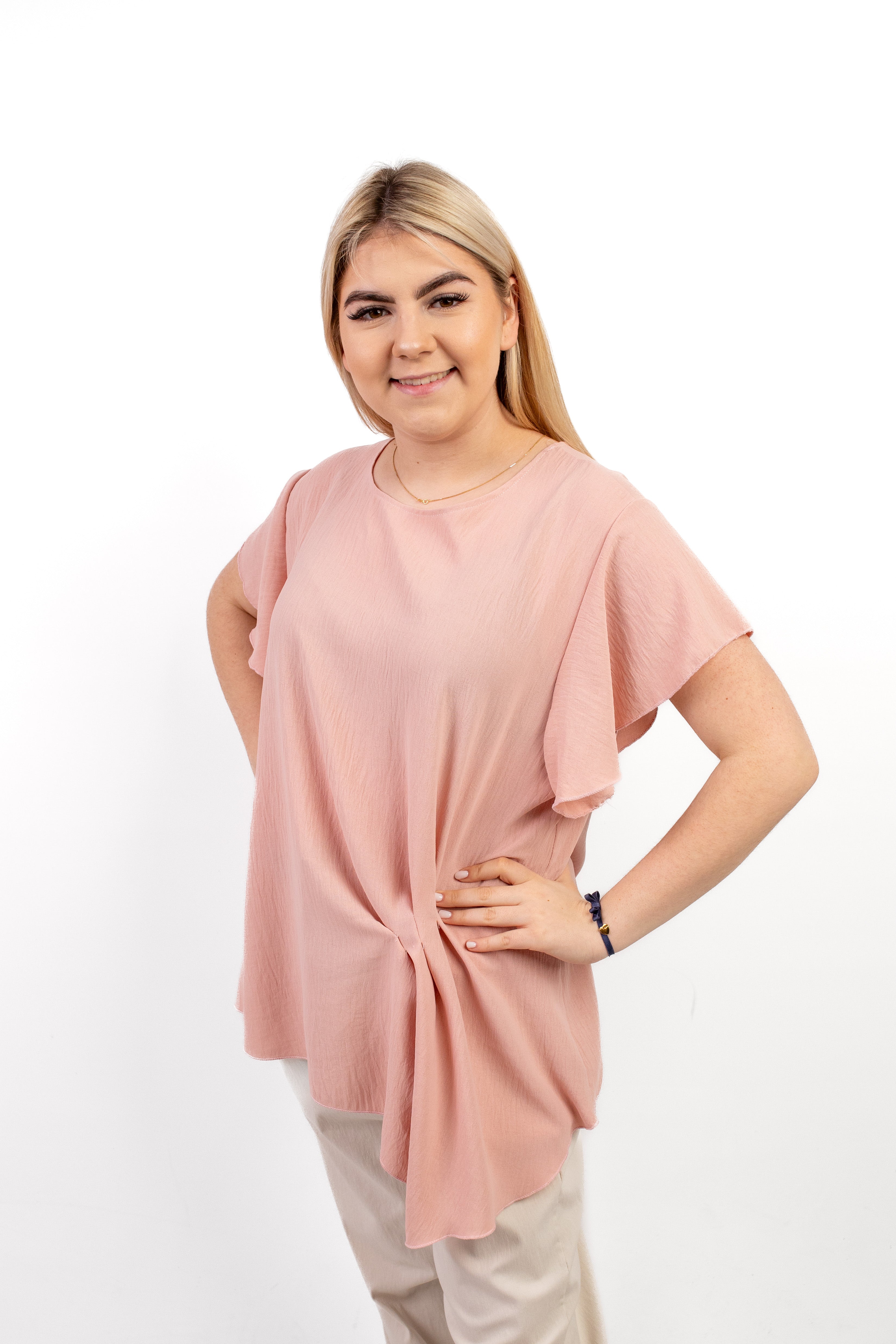 Włoska bluzka oversize z falbankowymi rękawami i marszczeniem z bok Pudrowy róż