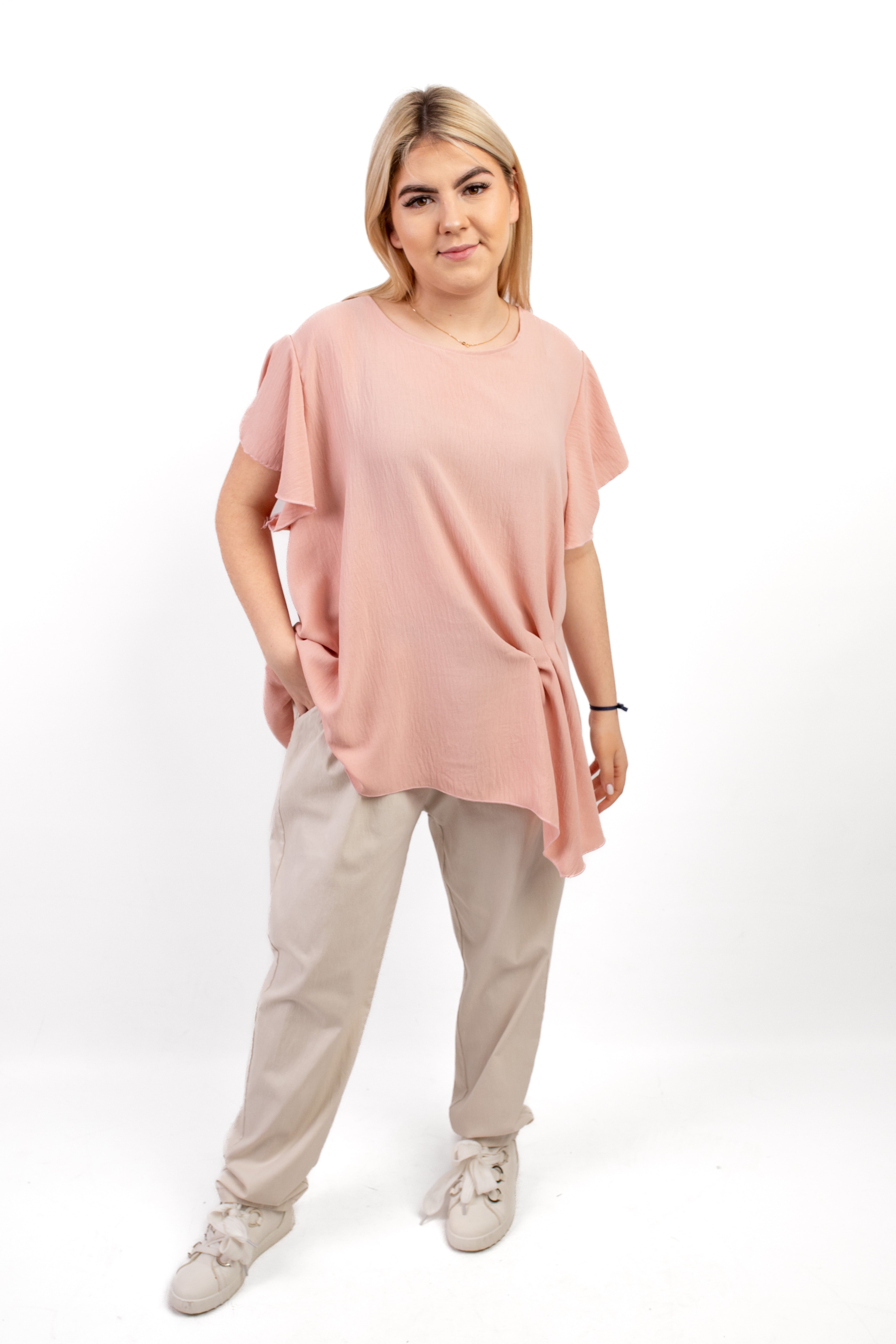 Włoska bluzka oversize z falbankowymi rękawami i marszczeniem z bok Pudrowy róż