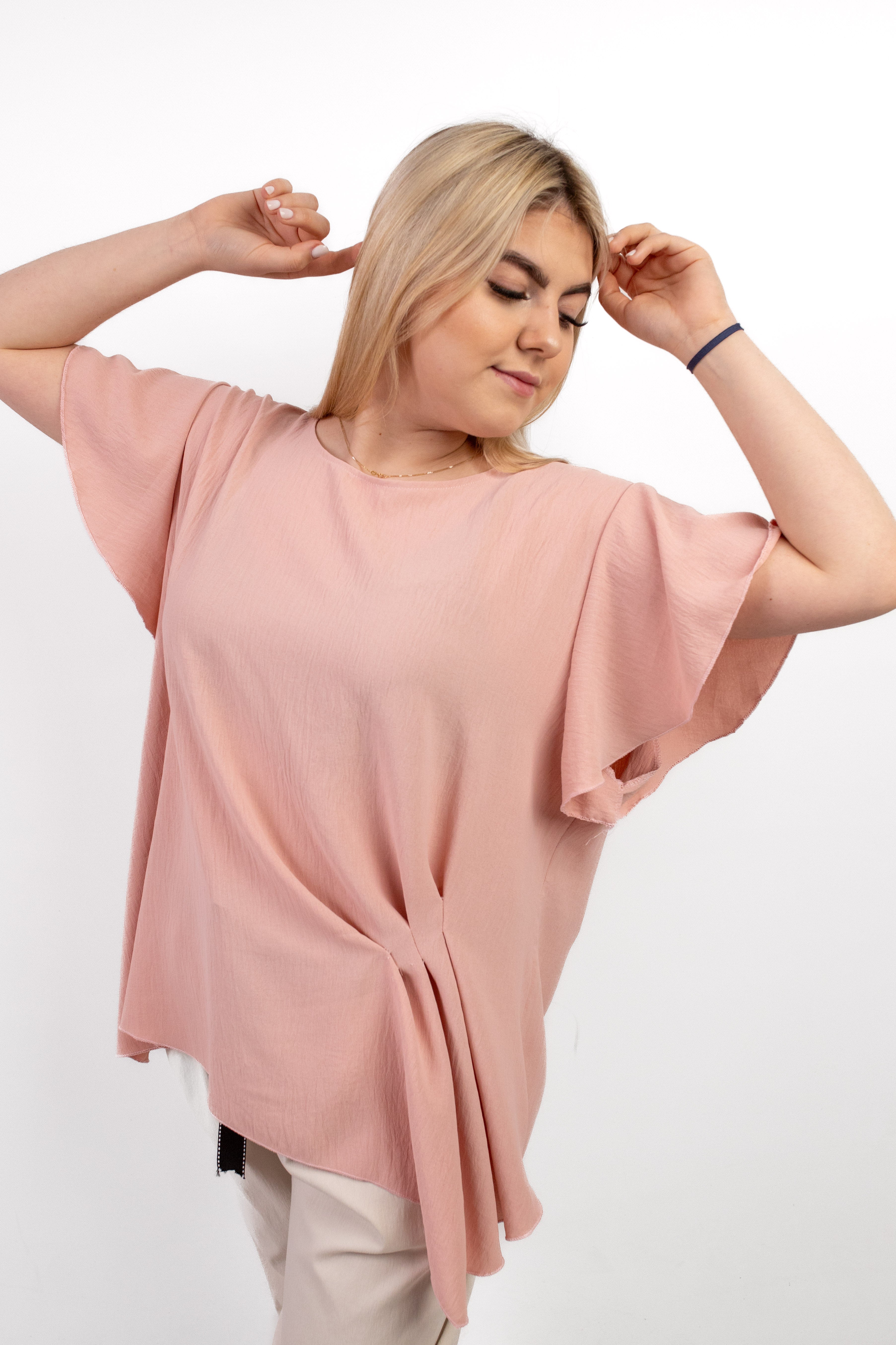 Włoska bluzka oversize z falbankowymi rękawami i marszczeniem z bok Pudrowy róż