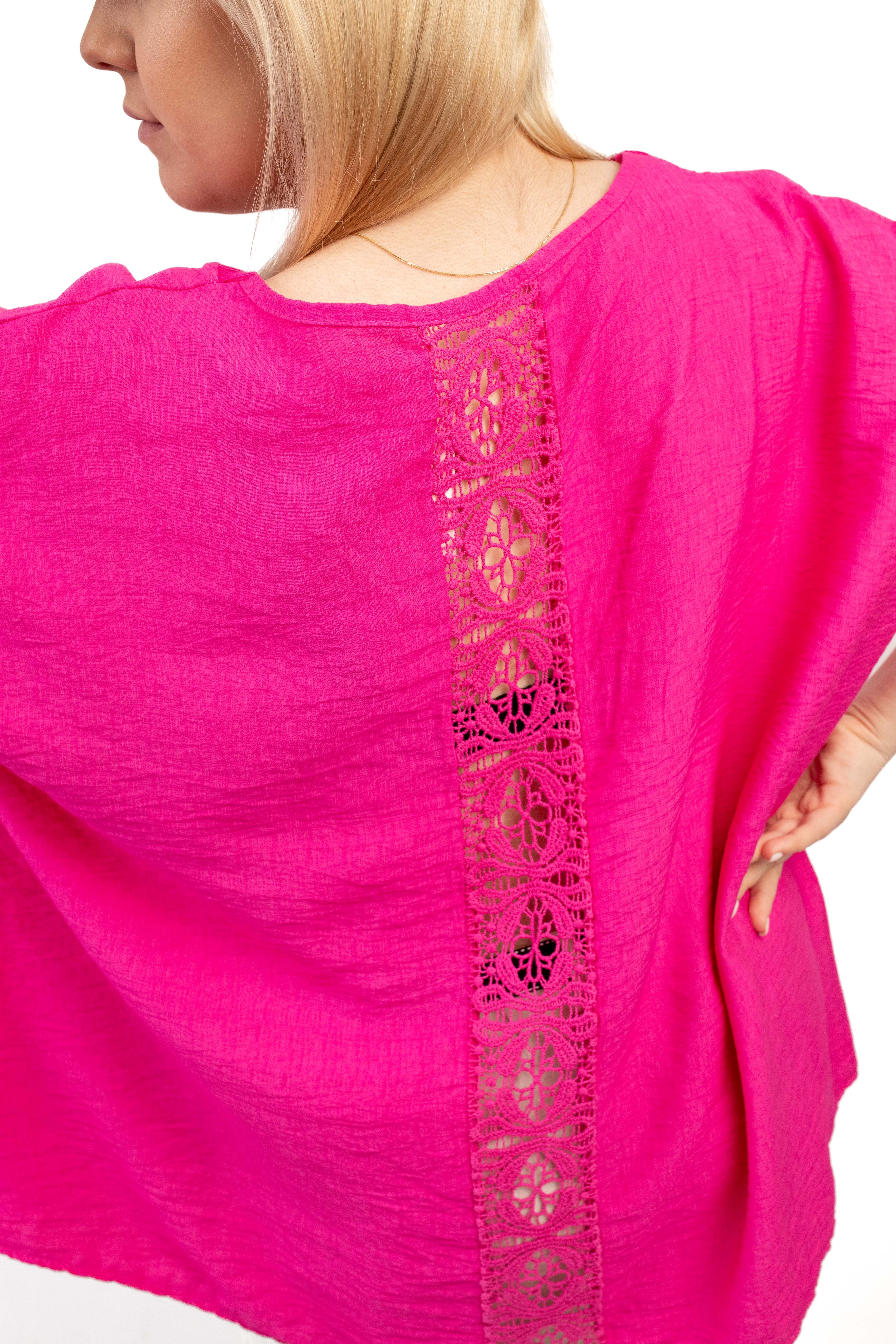 Włoska bluzka damska z koronkowym detalem – 100% wiskoza Fuksja
