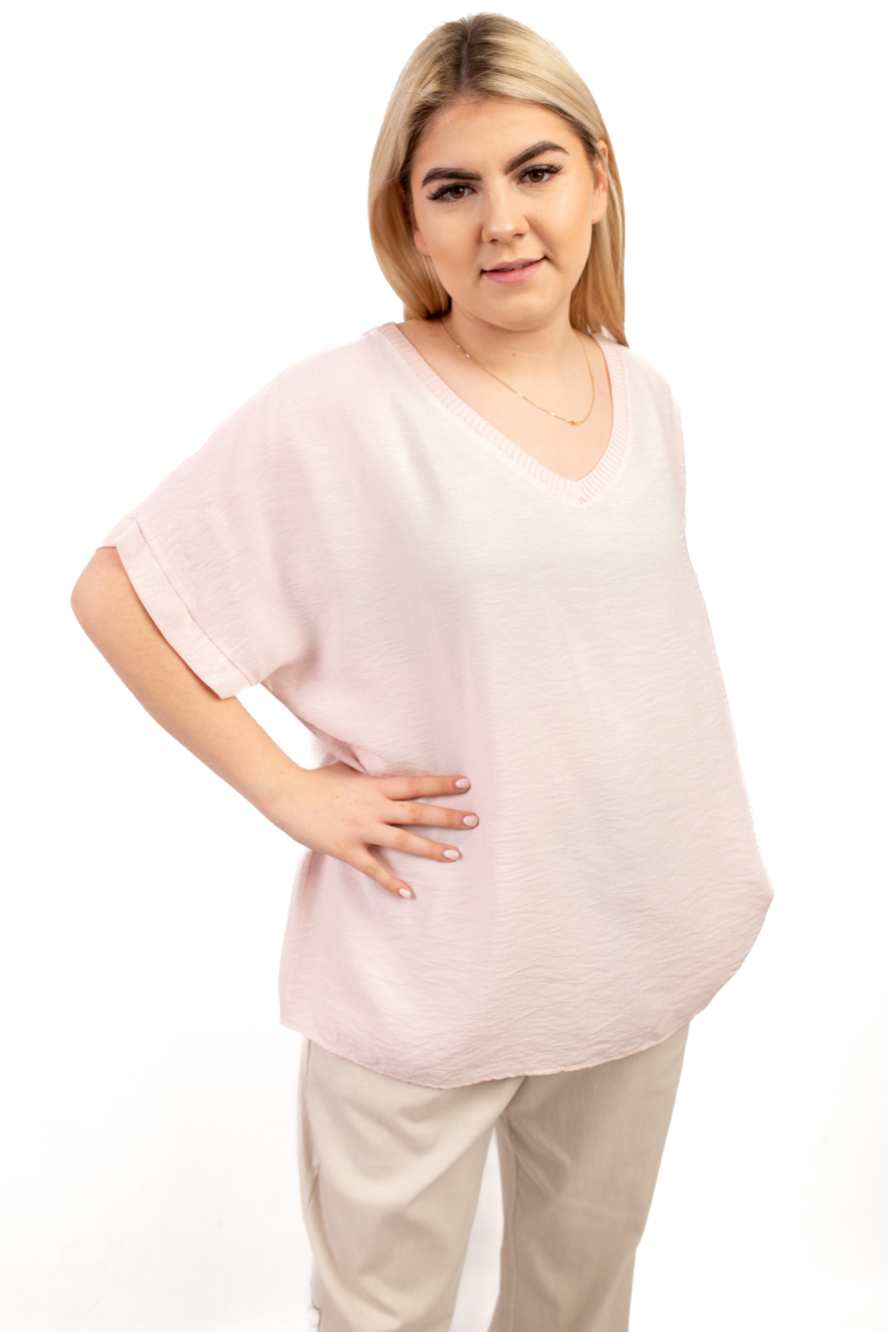 Włoska bluzka damska z koronkowym detalem – 100% wiskoza Pudrowy róż