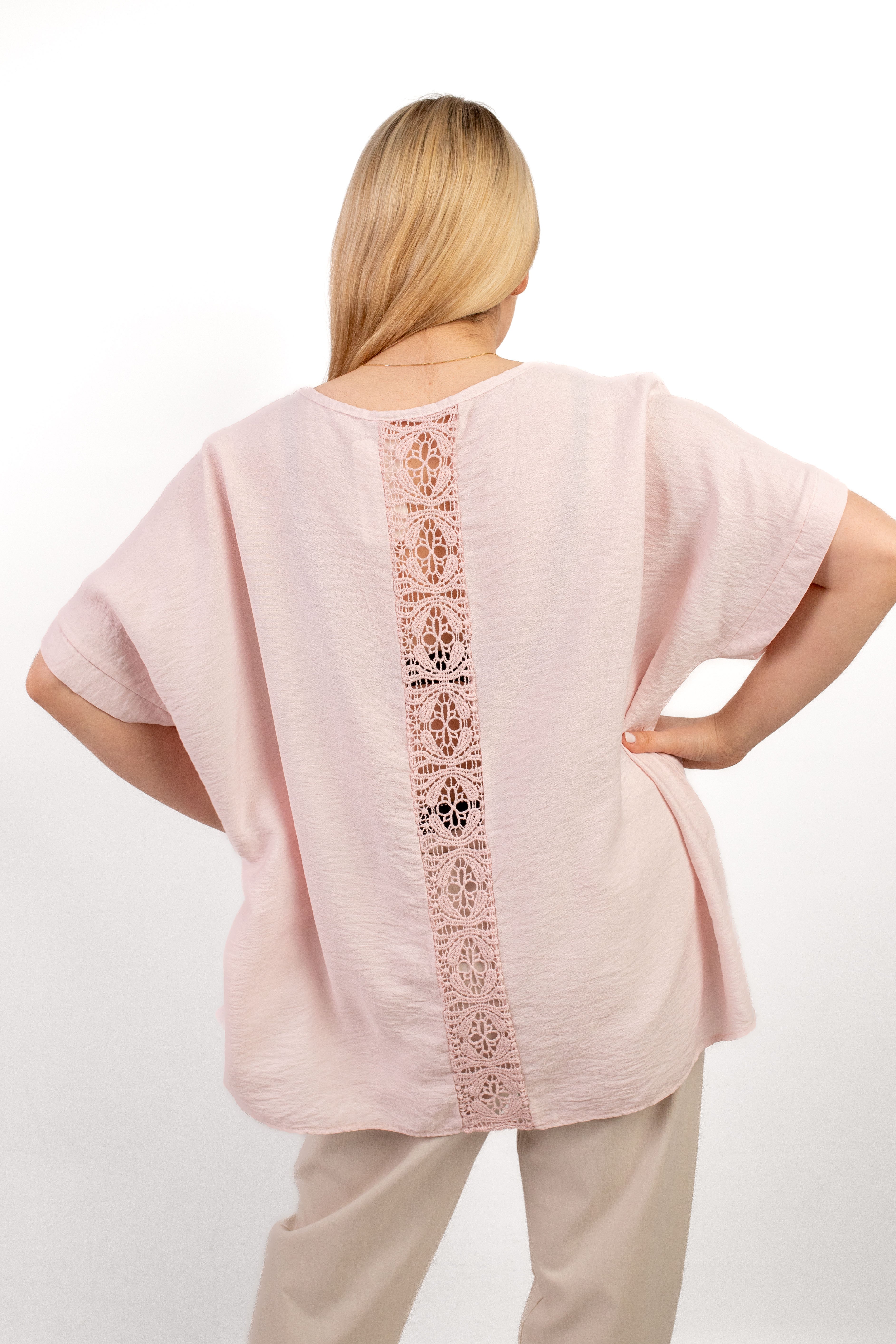 Włoska bluzka damska z koronkowym detalem – 100% wiskoza Pudrowy róż