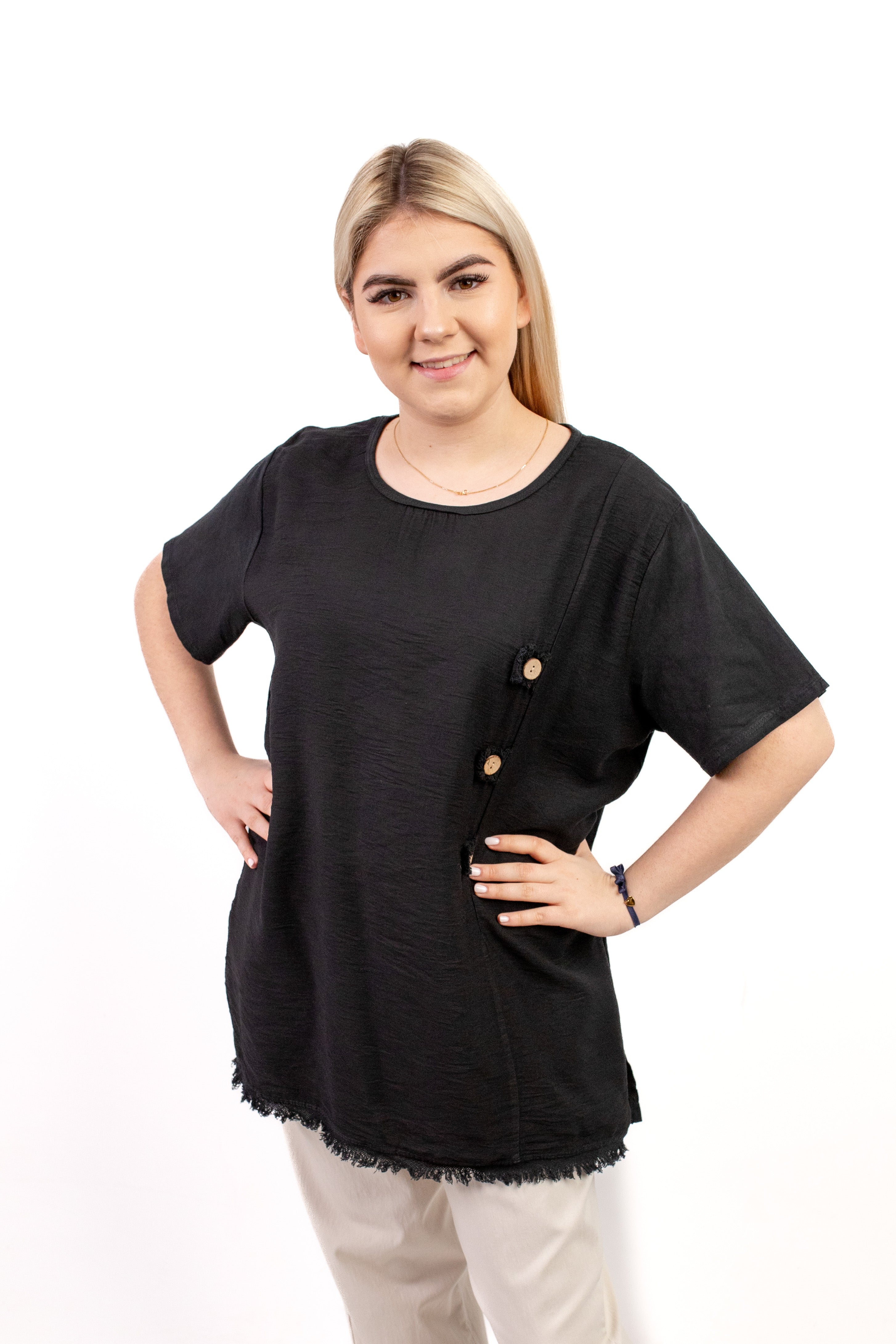 Włoska stylowa damska bluzka z asymetrycznym zdobieniem – wygoda i elegancja na co dzień Czarny