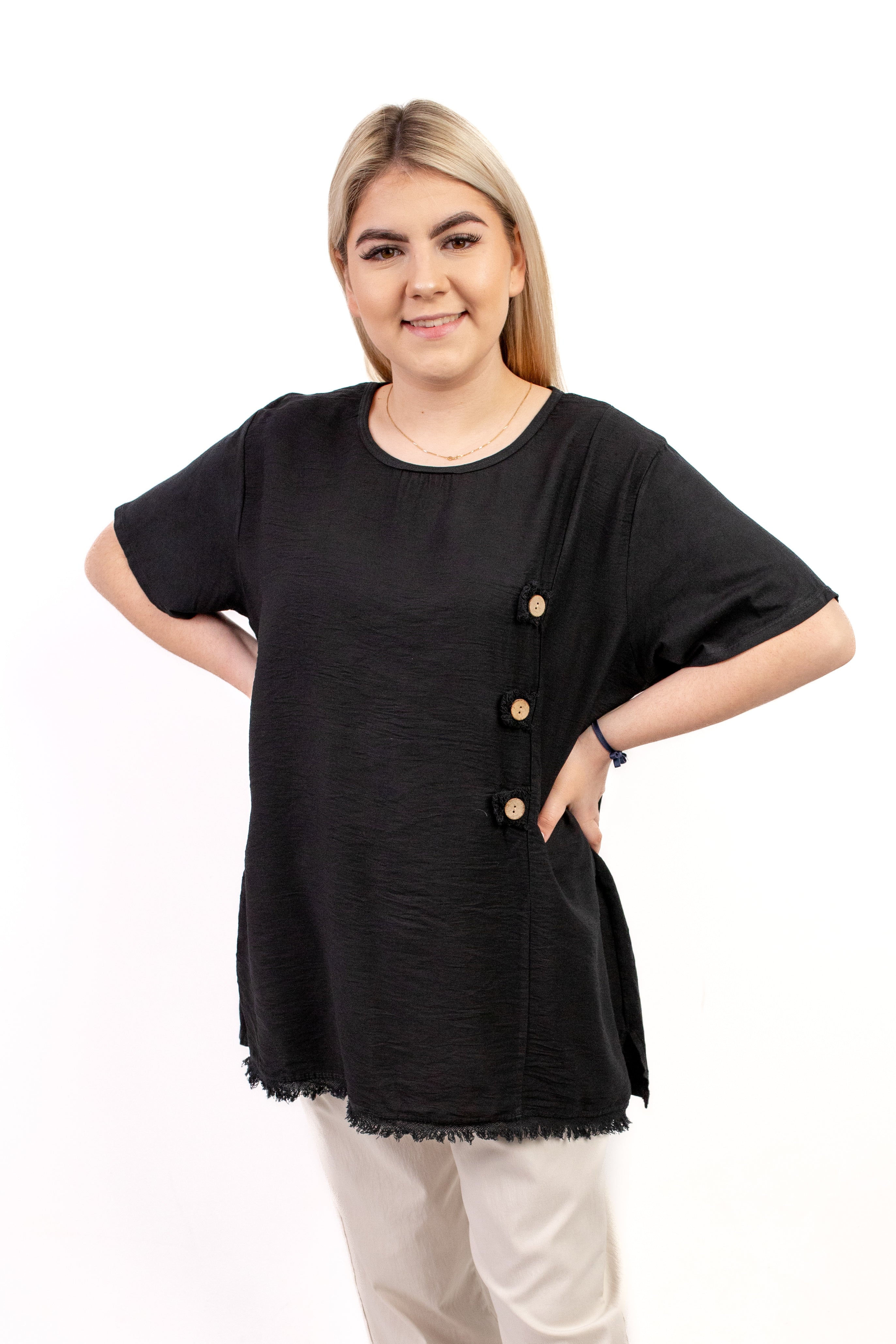 Włoska stylowa damska bluzka z asymetrycznym zdobieniem – wygoda i elegancja na co dzień Czarny