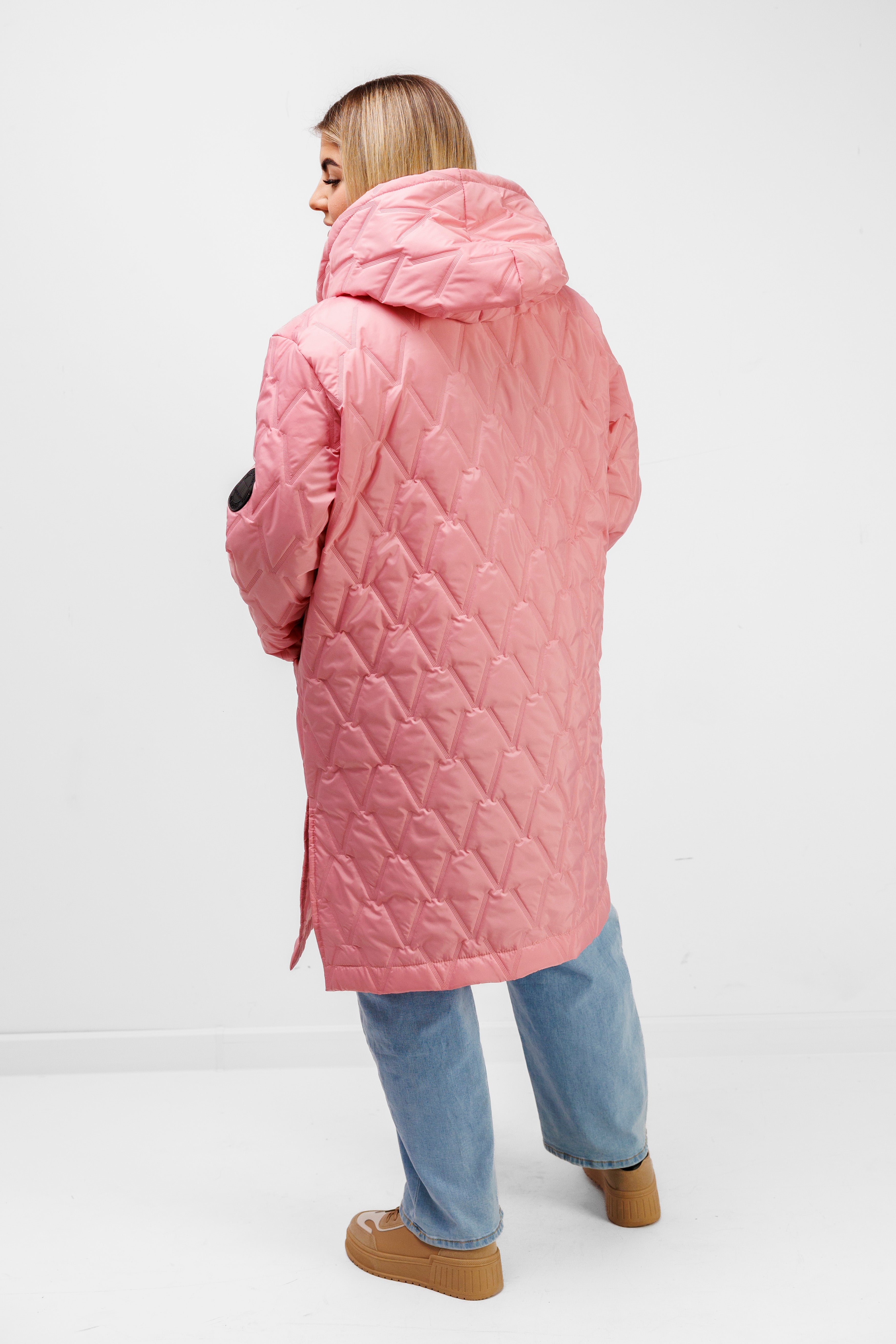 Płaszcz Pikowany Damski z Kapturem i Rozporkami – Polska Produkcja, Duże Rozmiary Cukierek