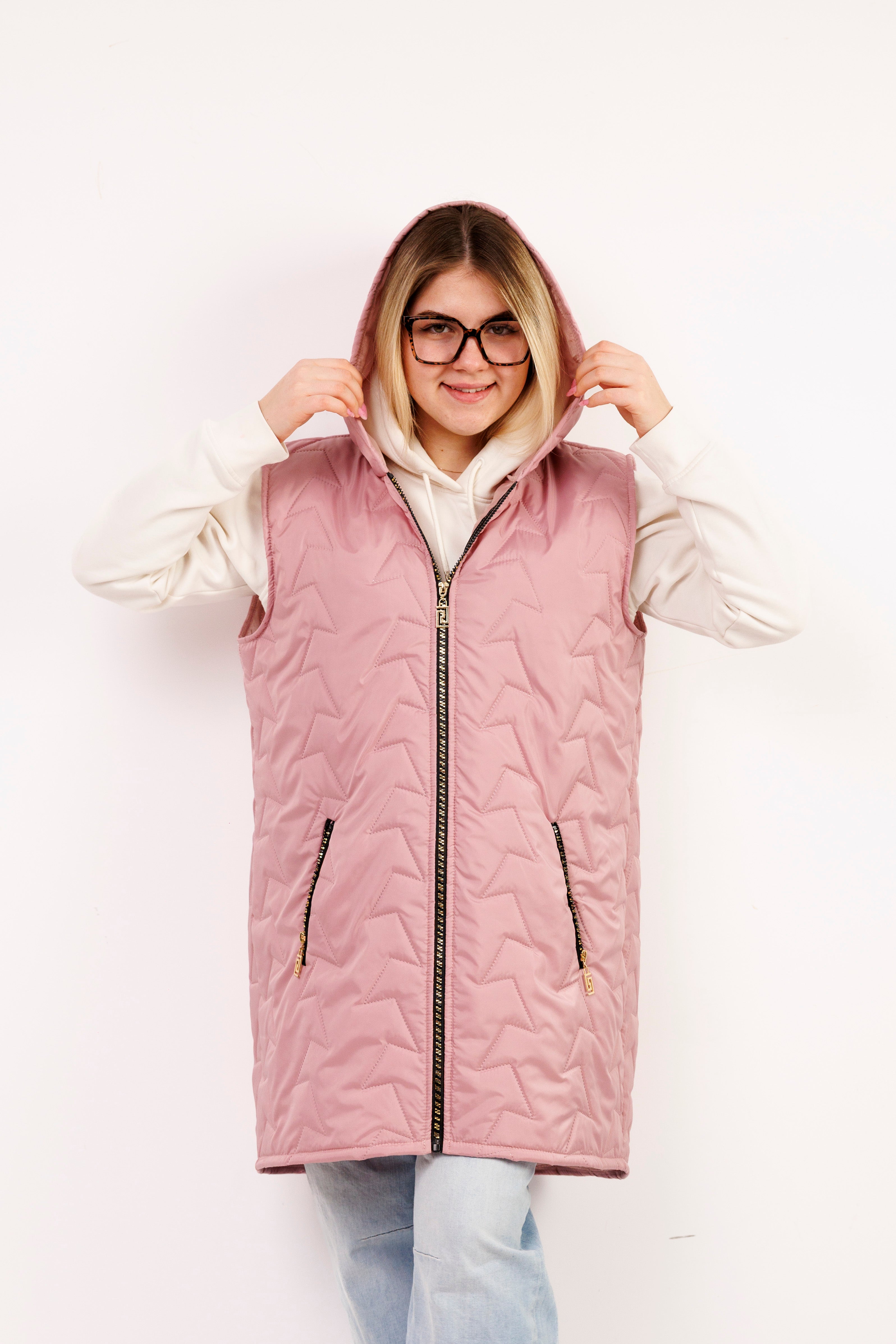 Kamizelka damska plus size pikowana z kapturem polska produkcja Brudny róż