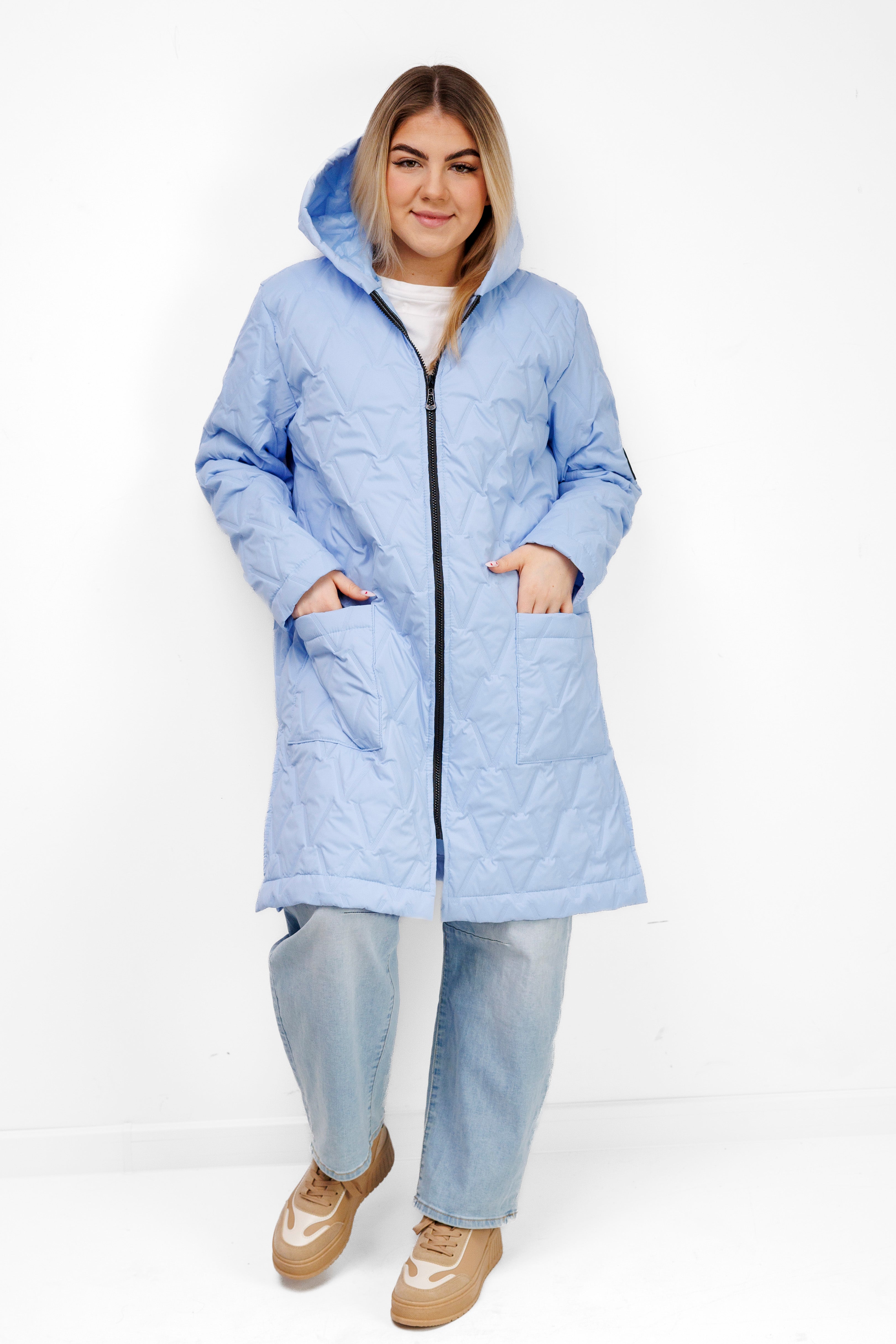 Płaszcz Pikowany Damski z Kapturem i Rozporkami – Polska Produkcja, Duże Rozmiary Niebieski