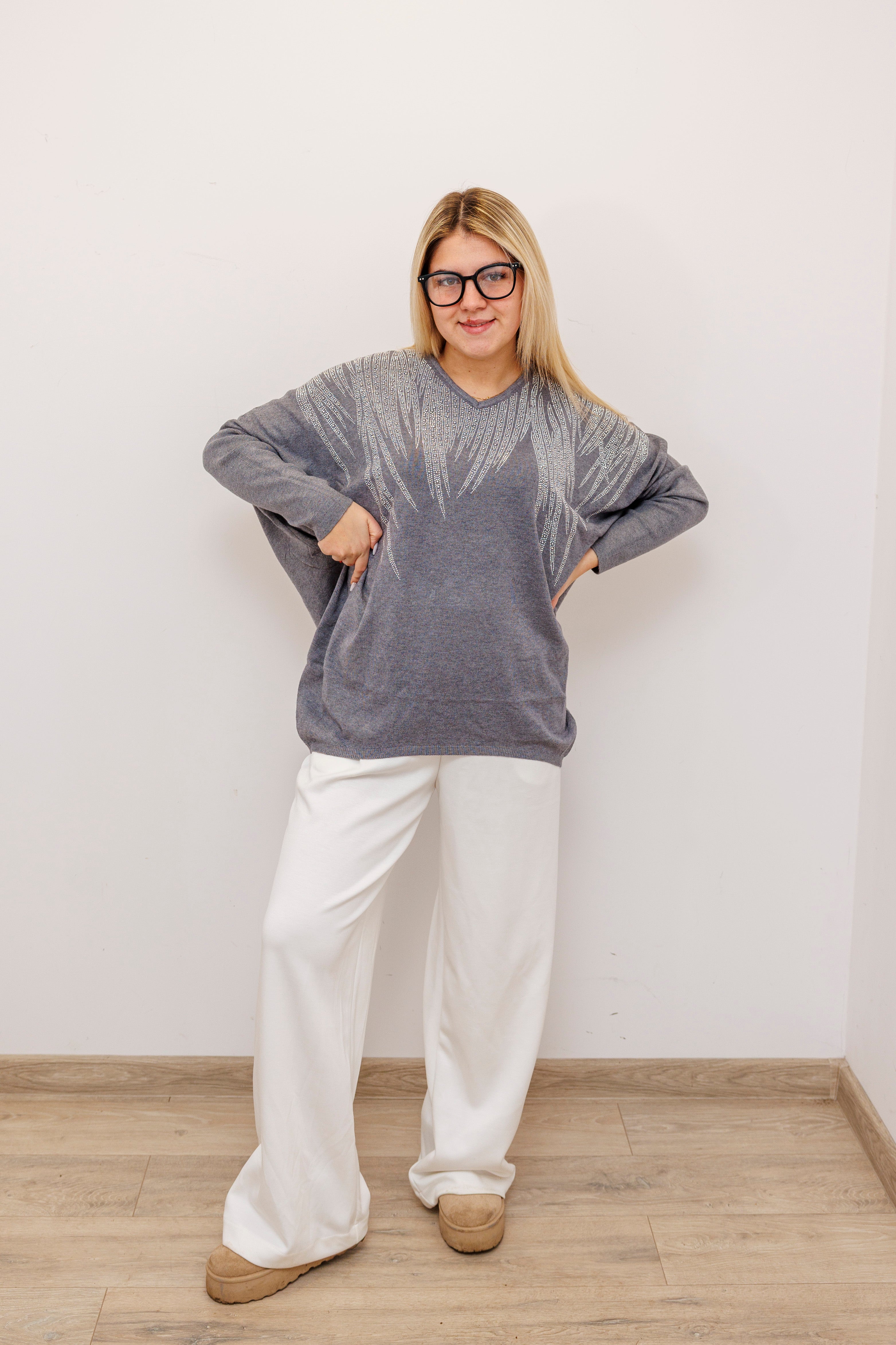 Stylowy sweter z dekoltem V Popiel