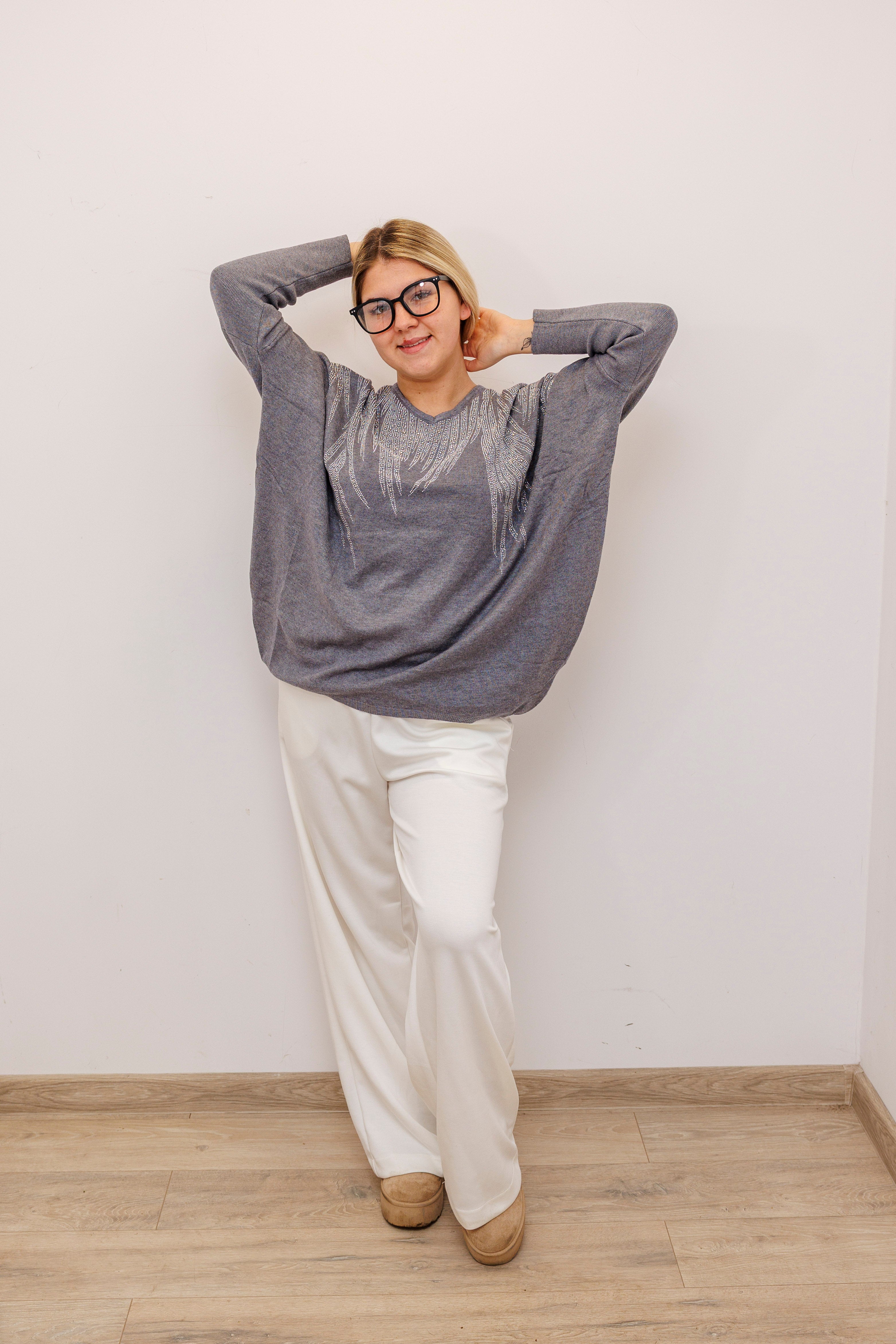 Stylowy sweter z dekoltem V Popiel