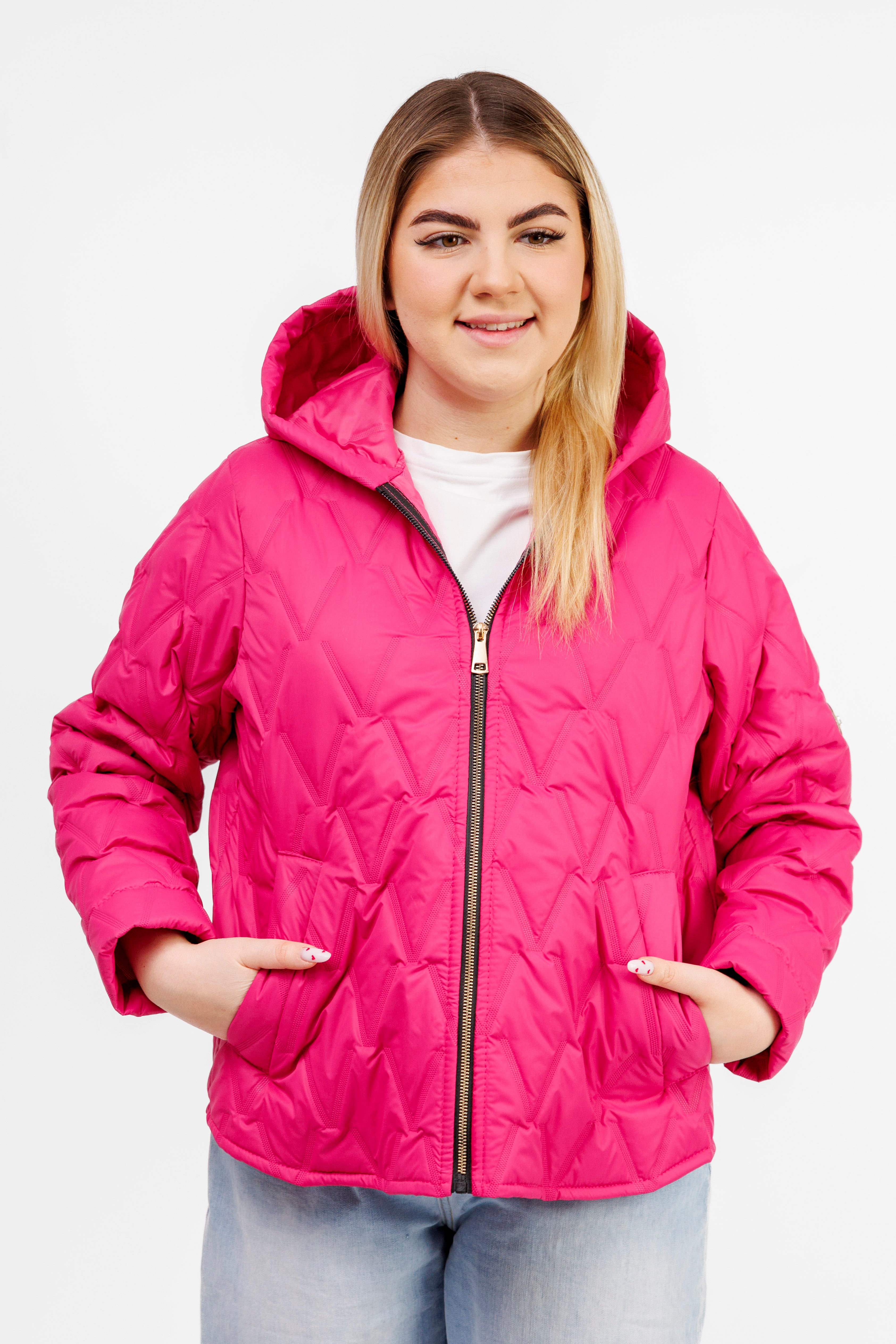 Krótka Kurtka Damska z Naszywką Polska Marka Plus Size Fuksja