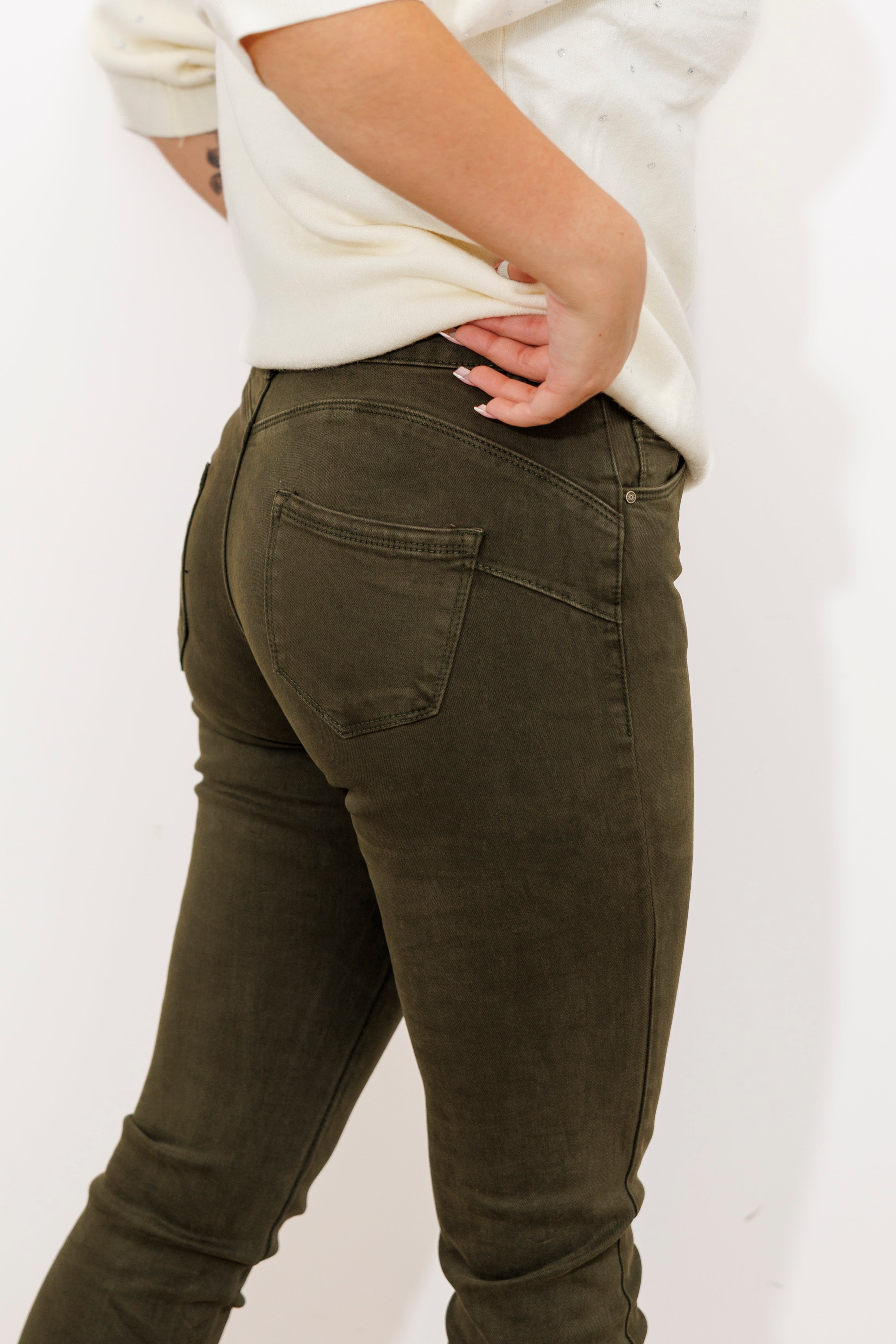 Spodnie damski plus size – wysoki stan Oliwka