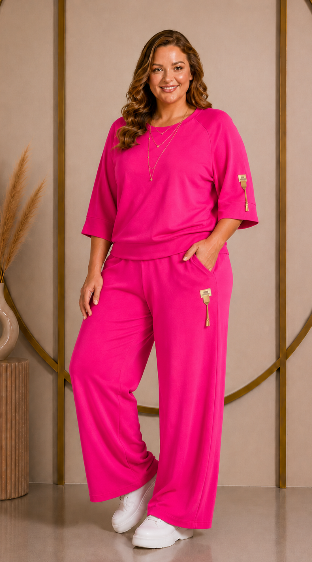 Polski dres damski plus size masełko bluza rękaw  3/4 szerokie spodnie Fuksja-Bratki