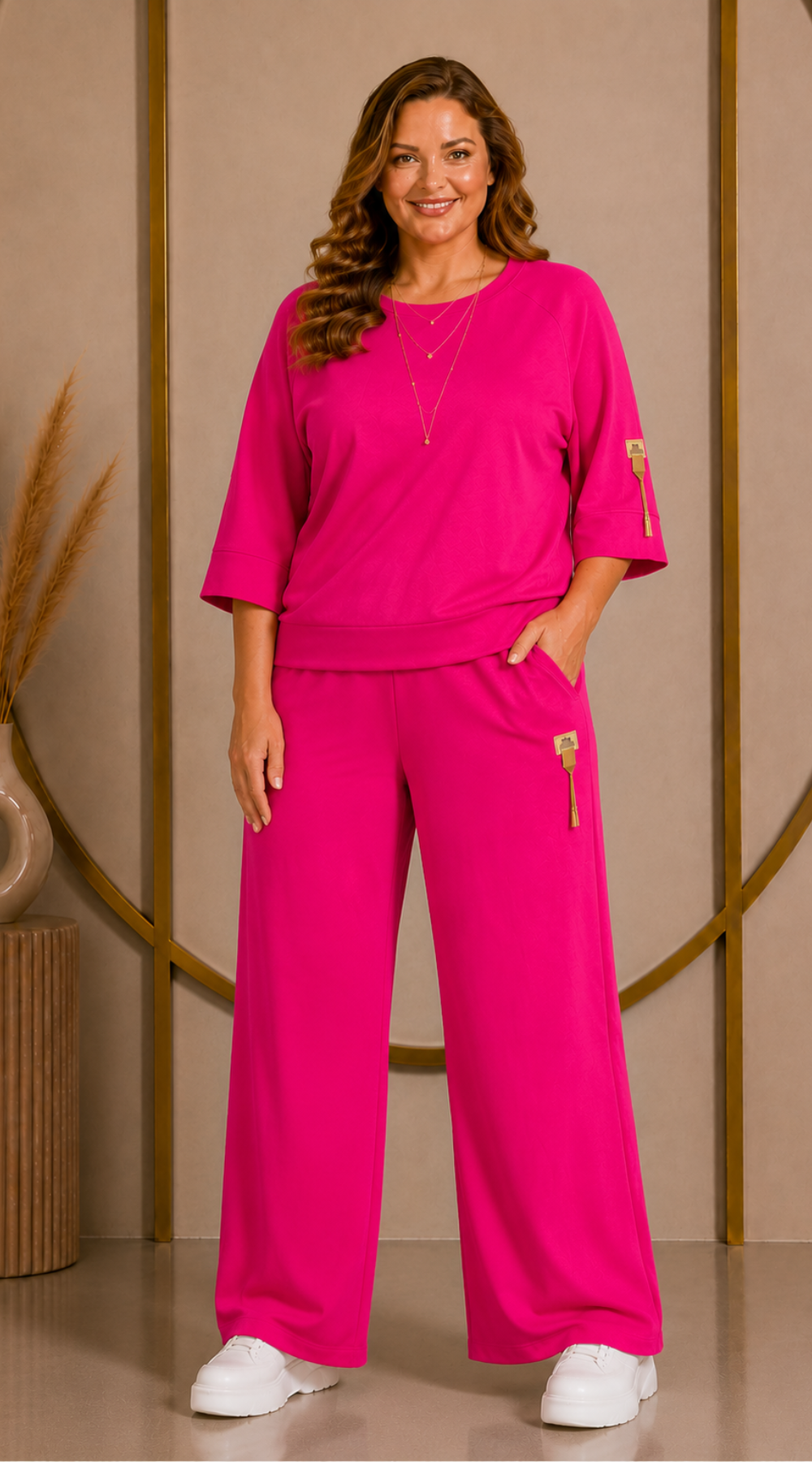 Polski dres damski plus size masełko bluza rękaw  3/4 szerokie spodnie Fuksja-Bratki