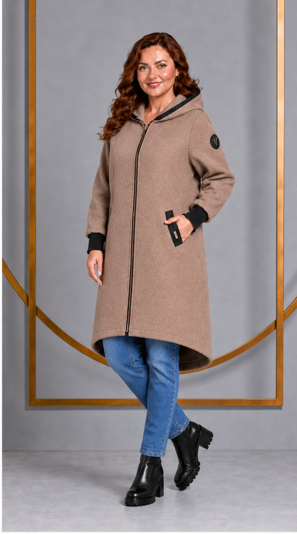 Elegancki zimowy płaszcz damski na zamku Camel-Stokrotka-