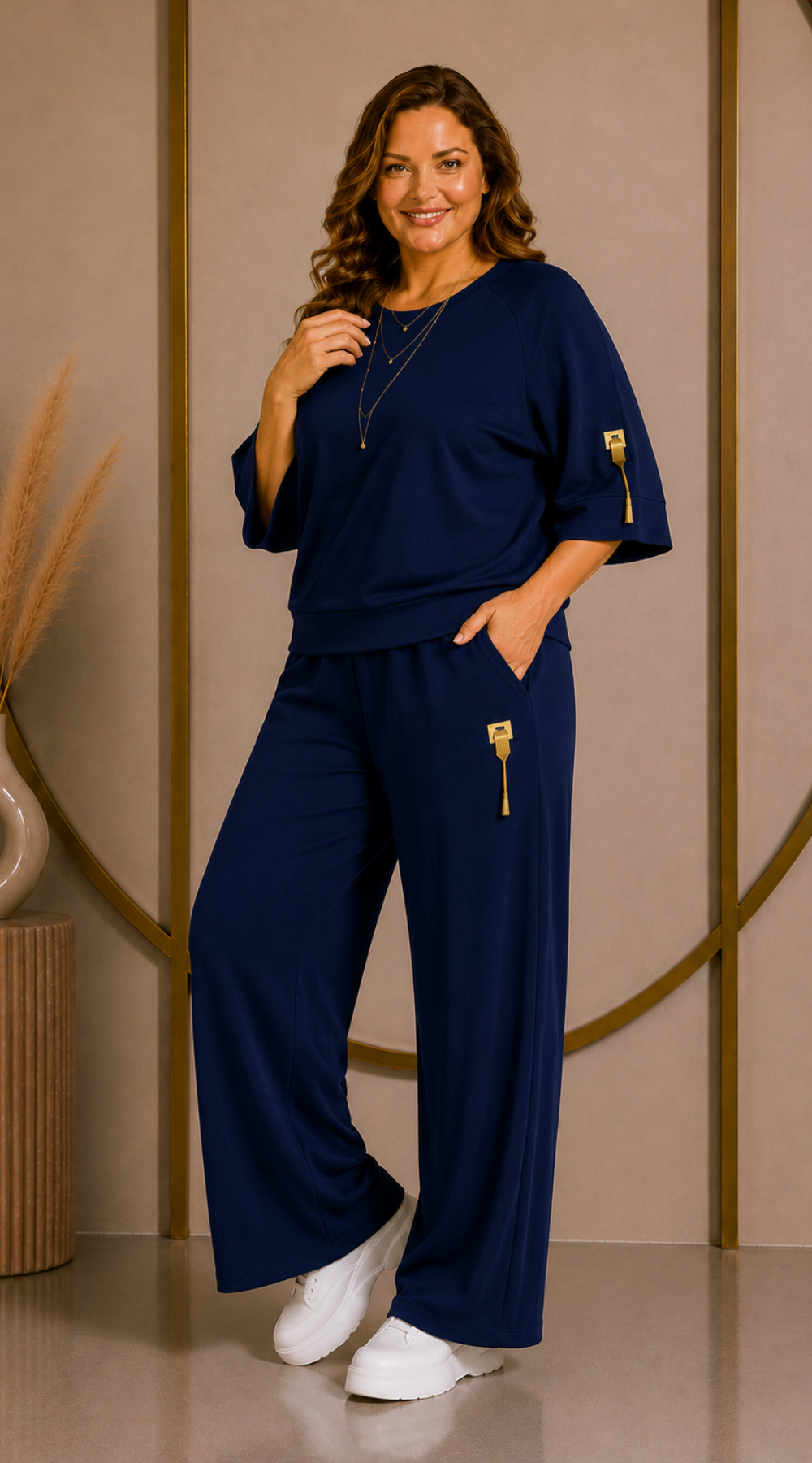 Polski dres damski plus size masełko bluza rękaw  3/4 szerokie spodnie Granat-Bratki