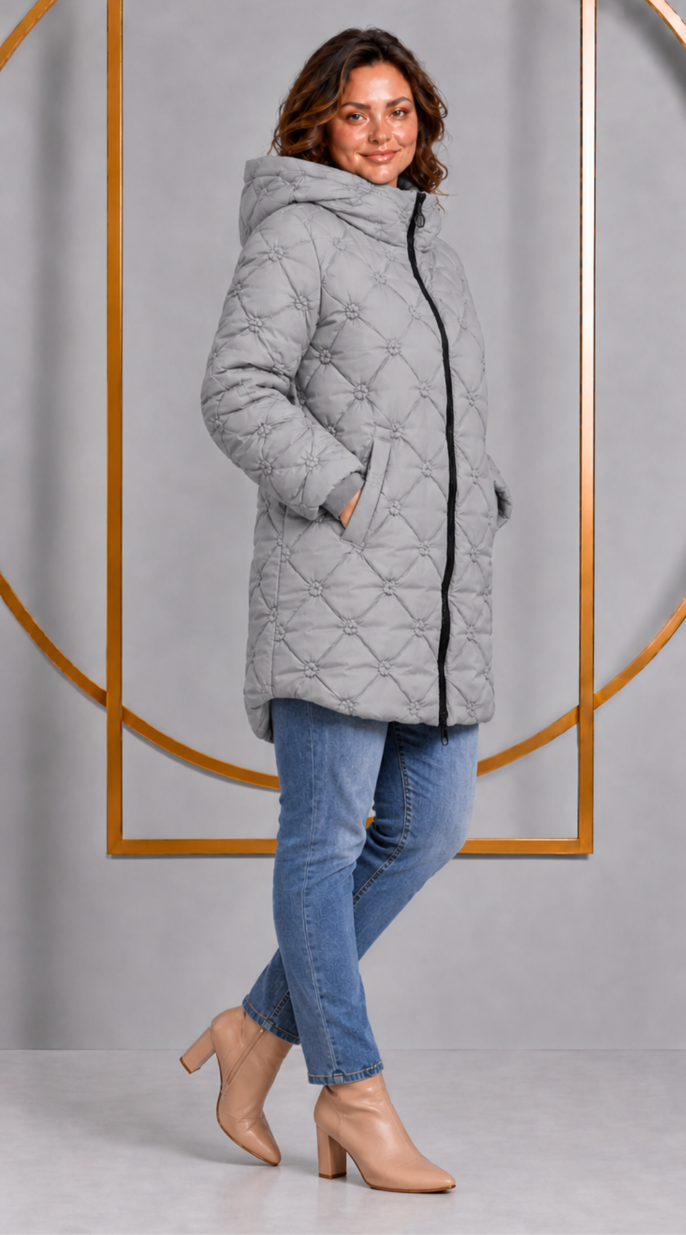 Kurtka damska z kwiatowym haftem elegancja w każdym detalu Popiel -Agapant-