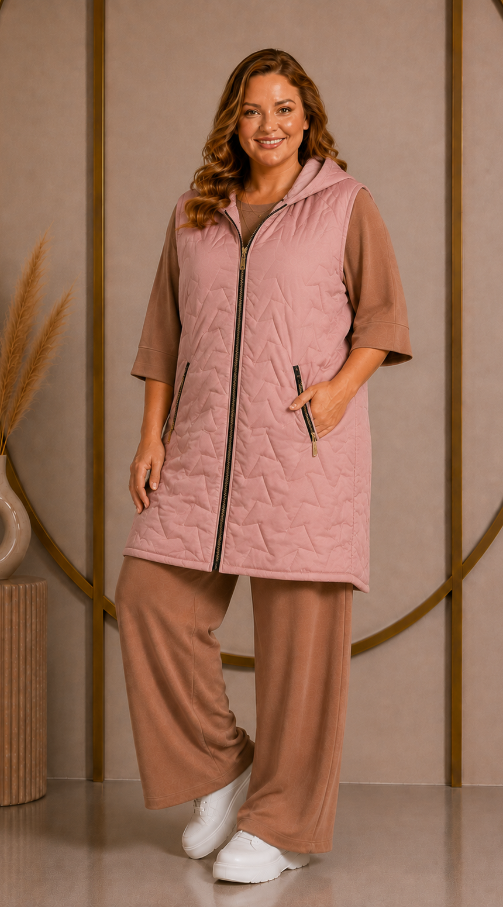 Kamizelka damska plus size pikowana z kapturem polska produkcja Brudny róż