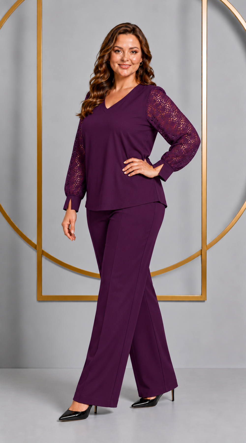 Elegancki komplet damski plus size spodnie i bluzka z koronkowym rękawem, polska produkcja Śliwka-Szafirek-
