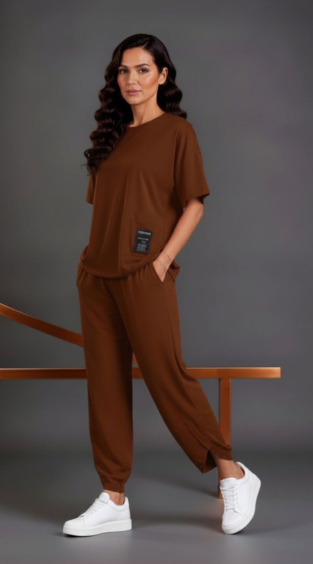 Wygodny modny dres Bluzka+Spodnie Brąz