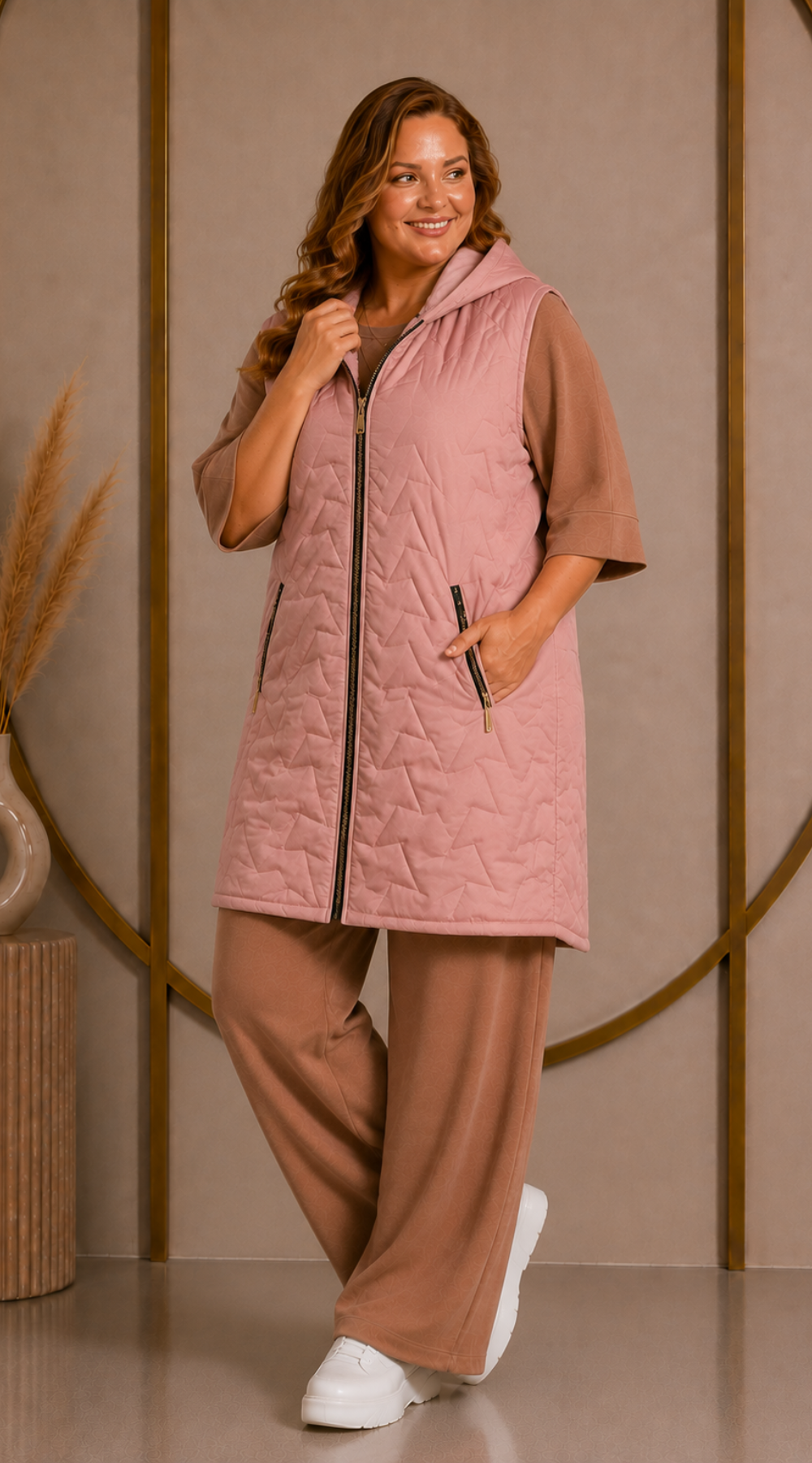 Kamizelka damska plus size pikowana z kapturem polska produkcja Brudny róż