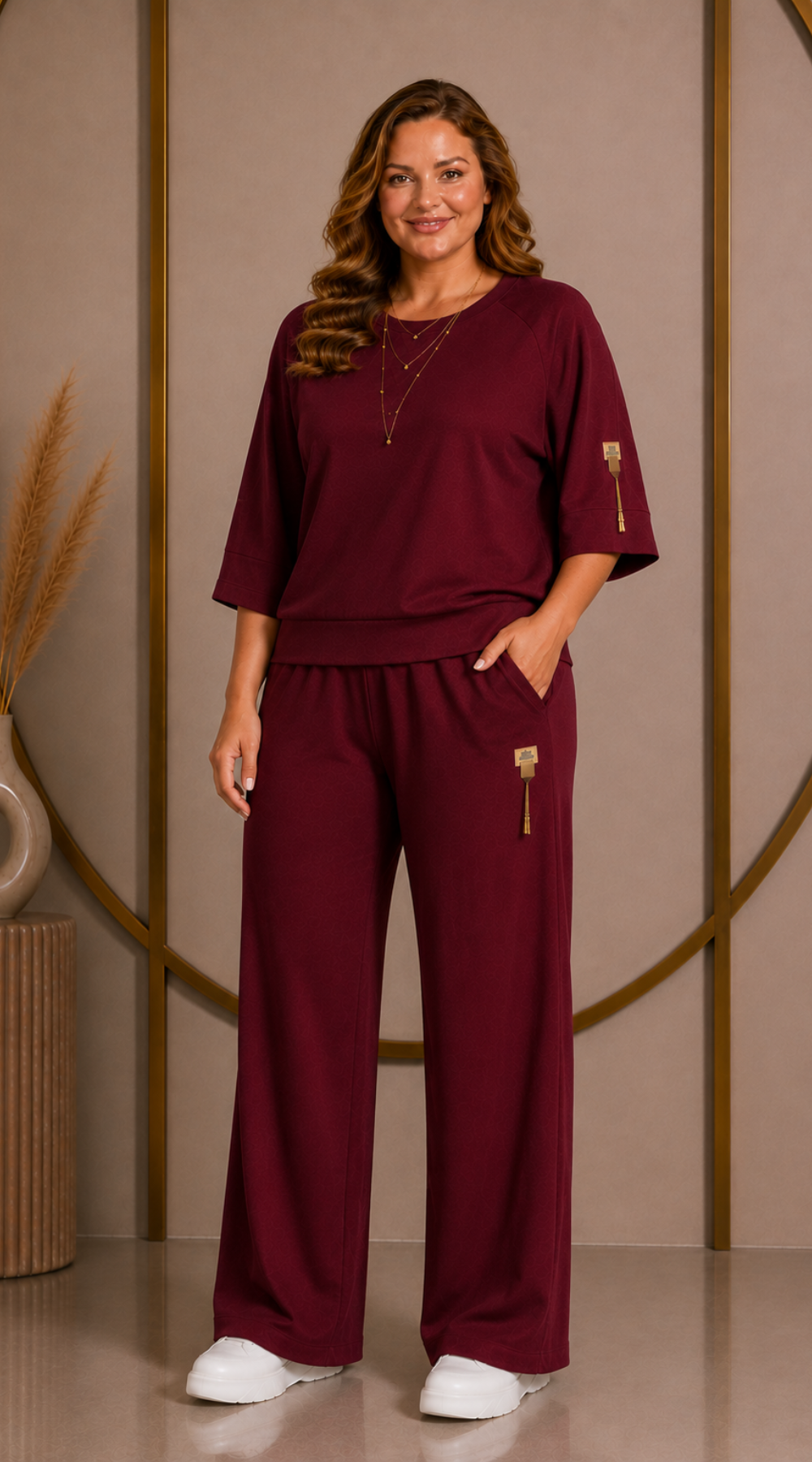 Polski dres damski plus size masełko bluza rękaw  3/4 szerokie spodnie Bordo-Bratki