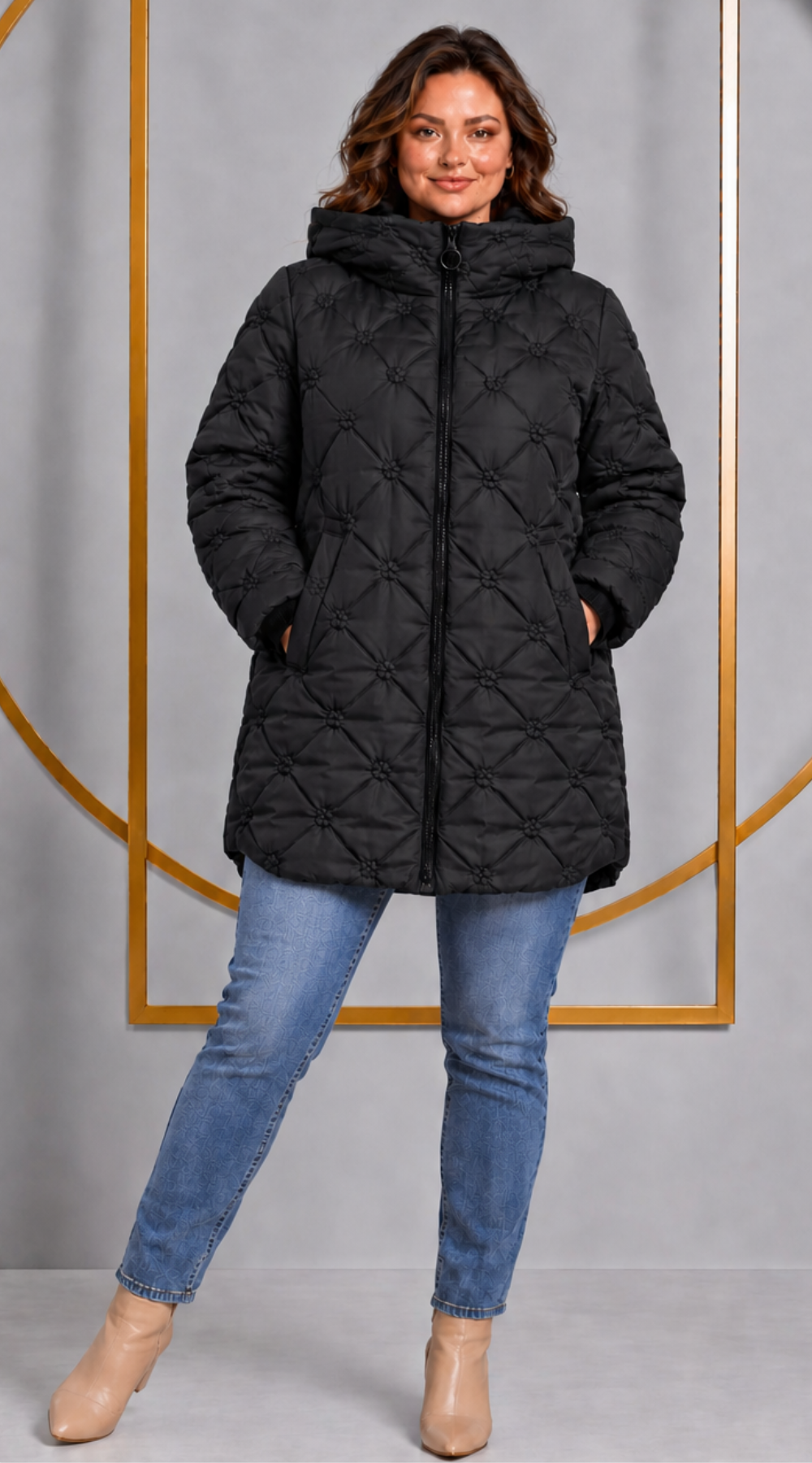 Kurtka damska z kwiatowym haftem elegancja w każdym detalu Czarny-Agapant-