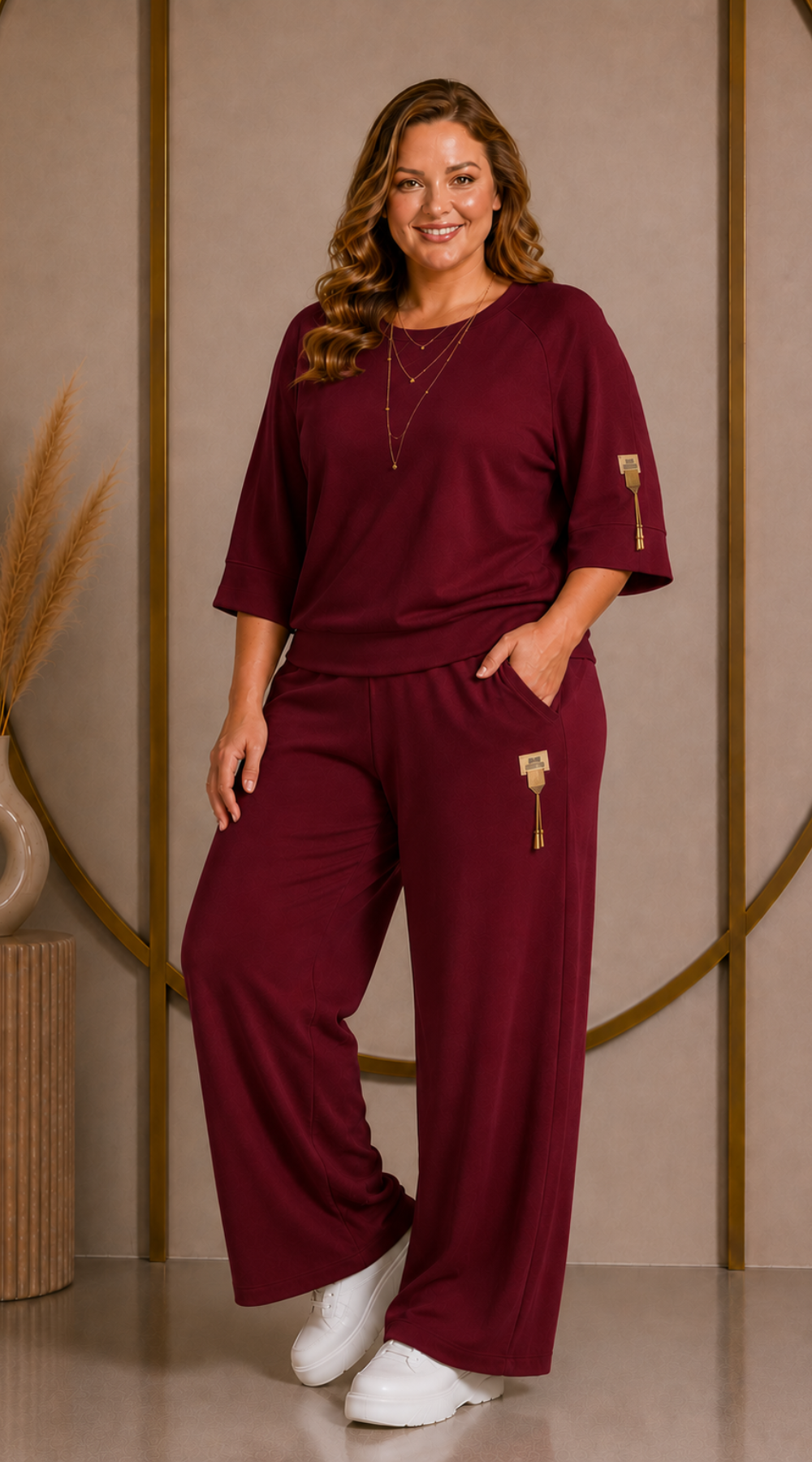 Polski dres damski plus size masełko bluza rękaw  3/4 szerokie spodnie Bordo-Bratki
