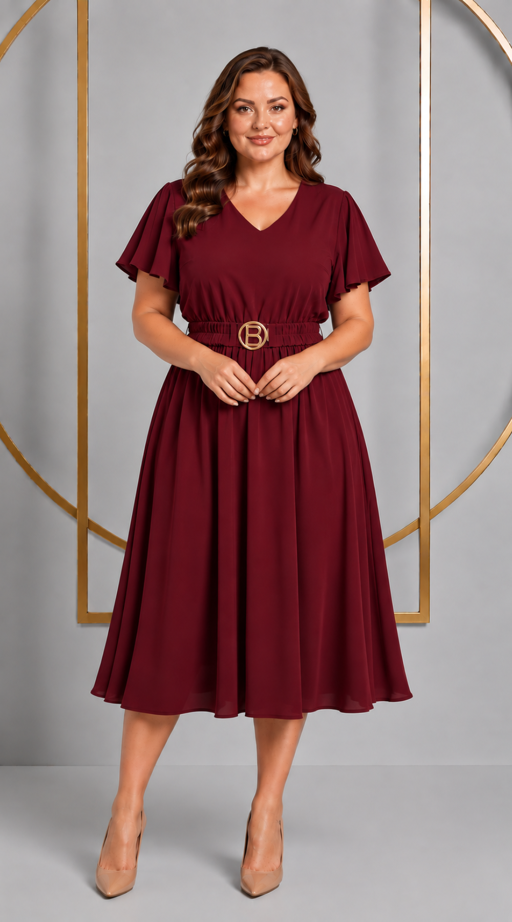 Elegancka sukienka midi z paskiem – polska produkcja, duże rozmiary Bordo -Akacja-