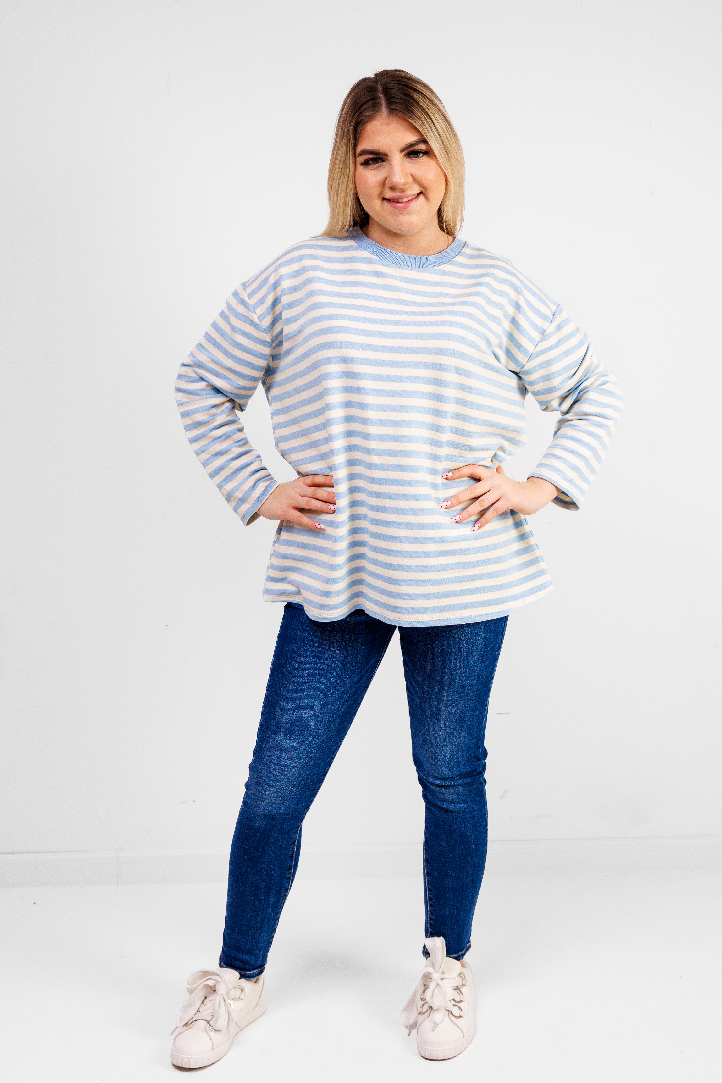 Casualowa bluza bawełniana w paski Błekit-Krem