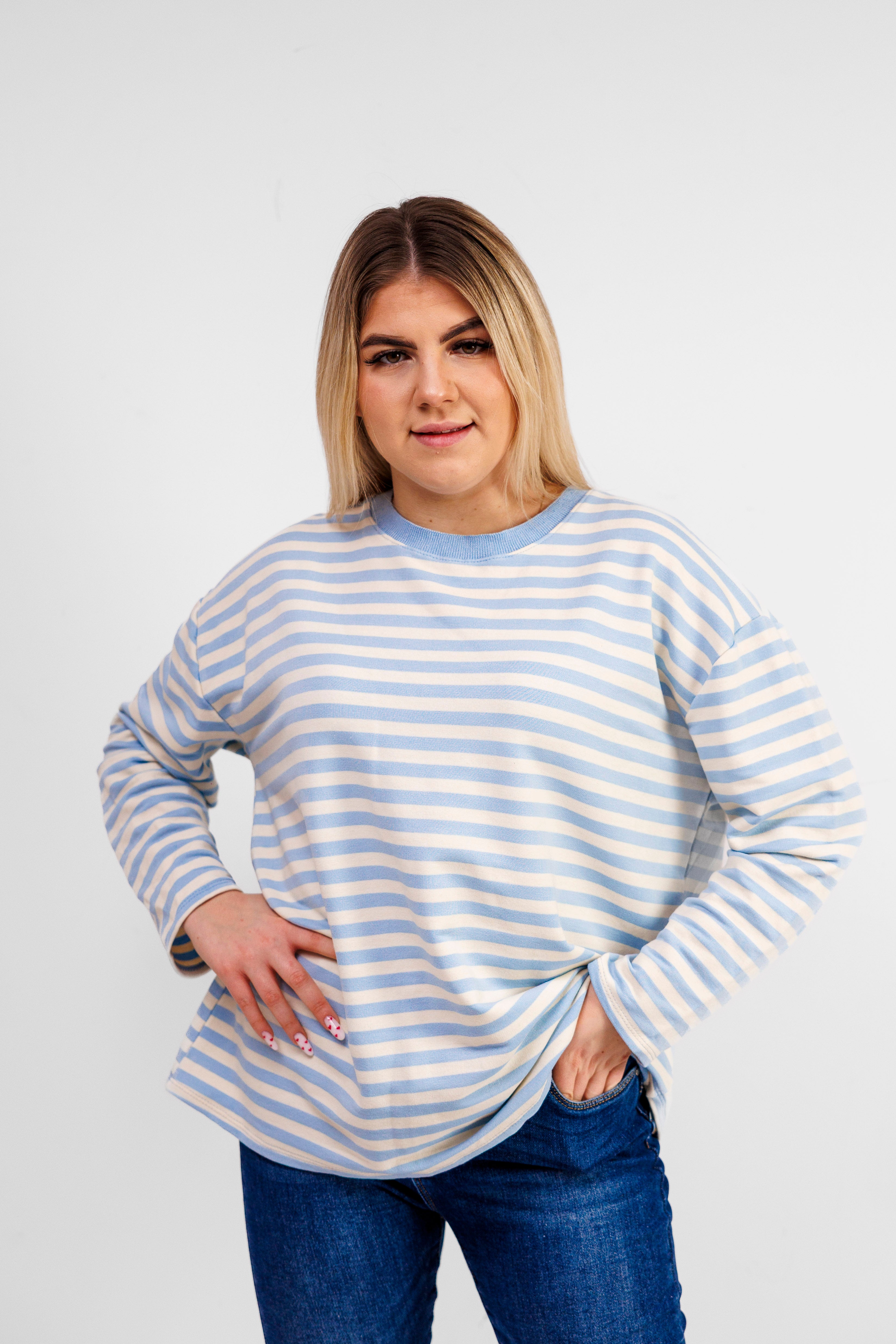 Casualowa bluza bawełniana w paski Błekit-Krem