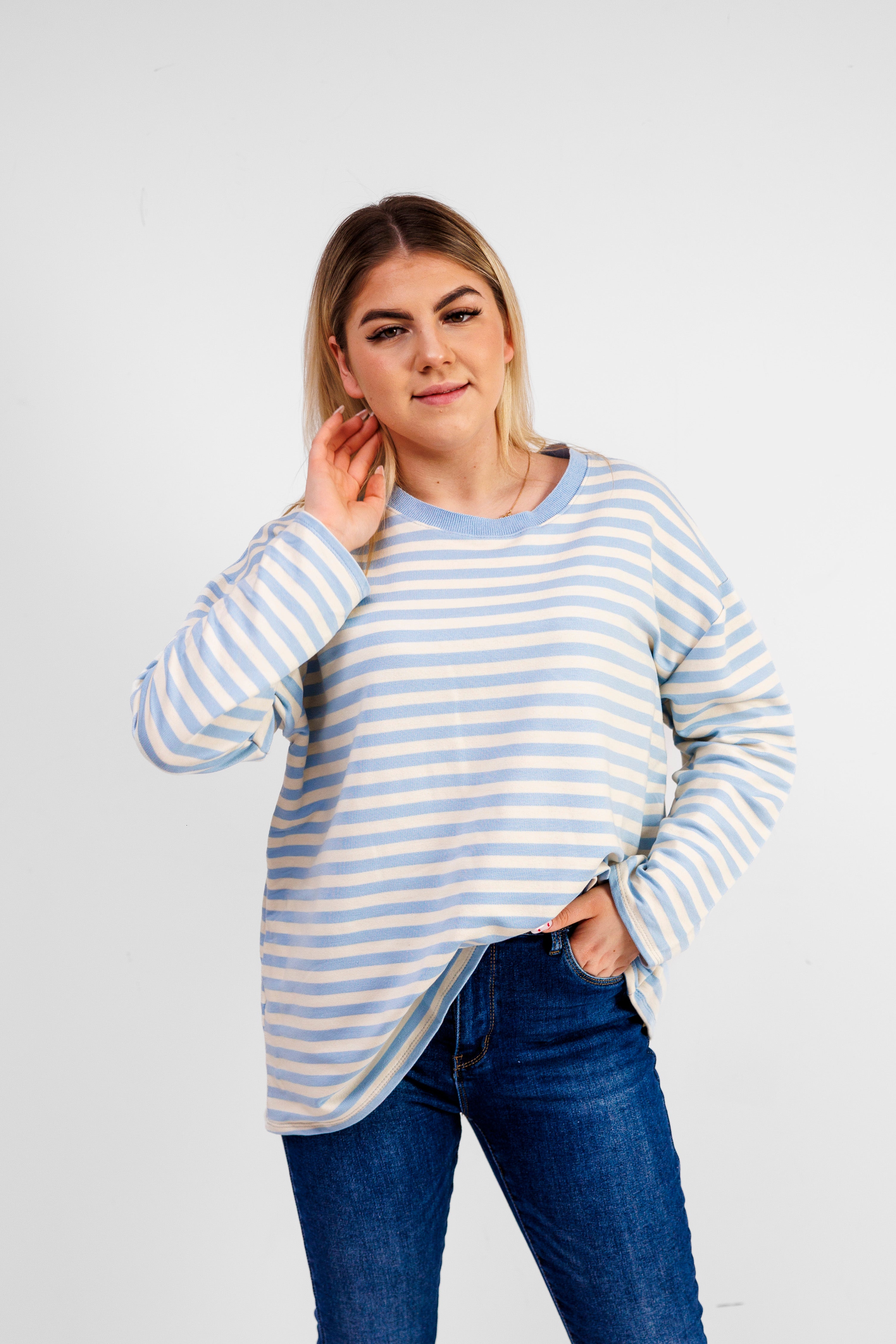 Casualowa bluza bawełniana w paski Błekit-Krem