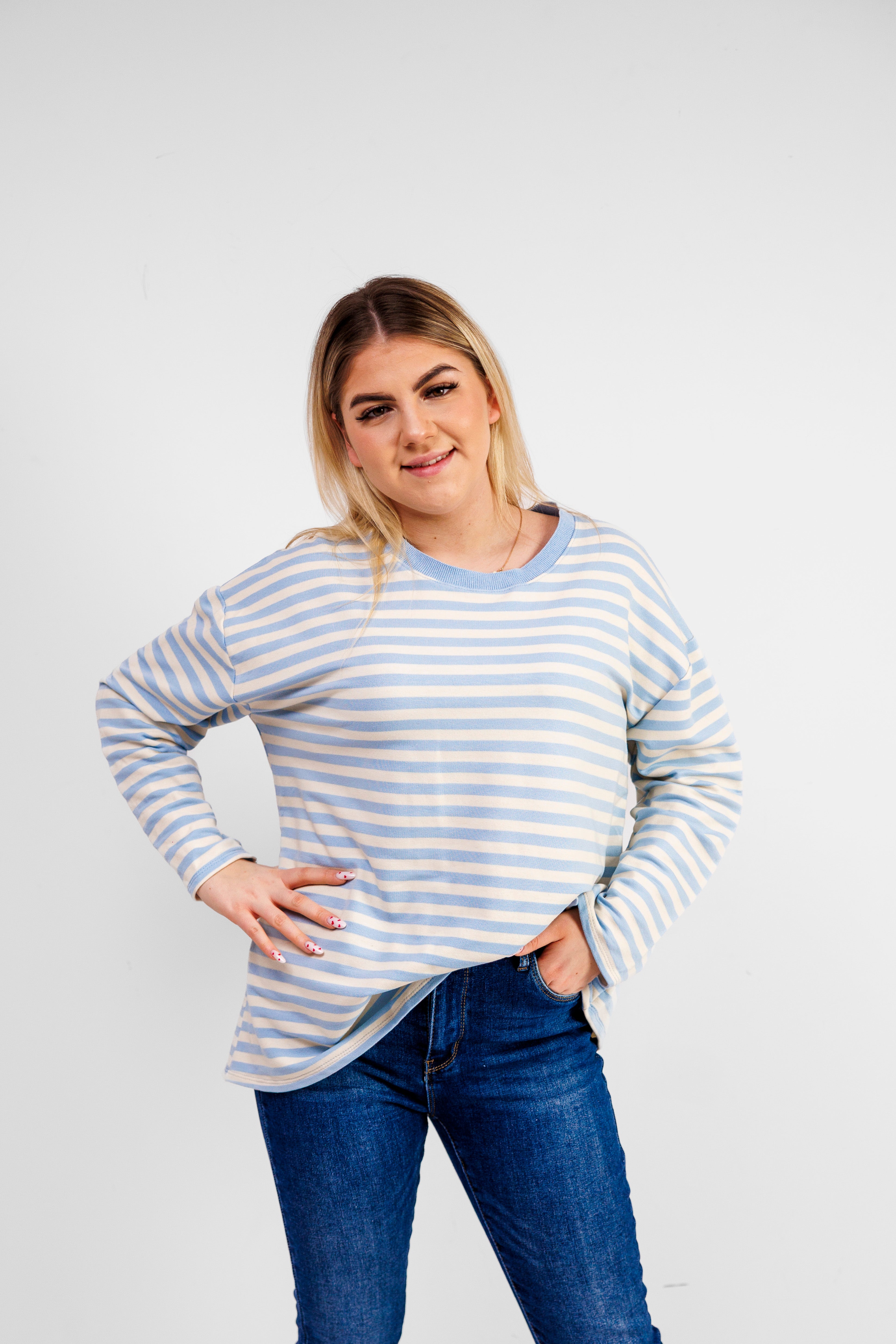 Casualowa bluza bawełniana w paski Błekit-Krem