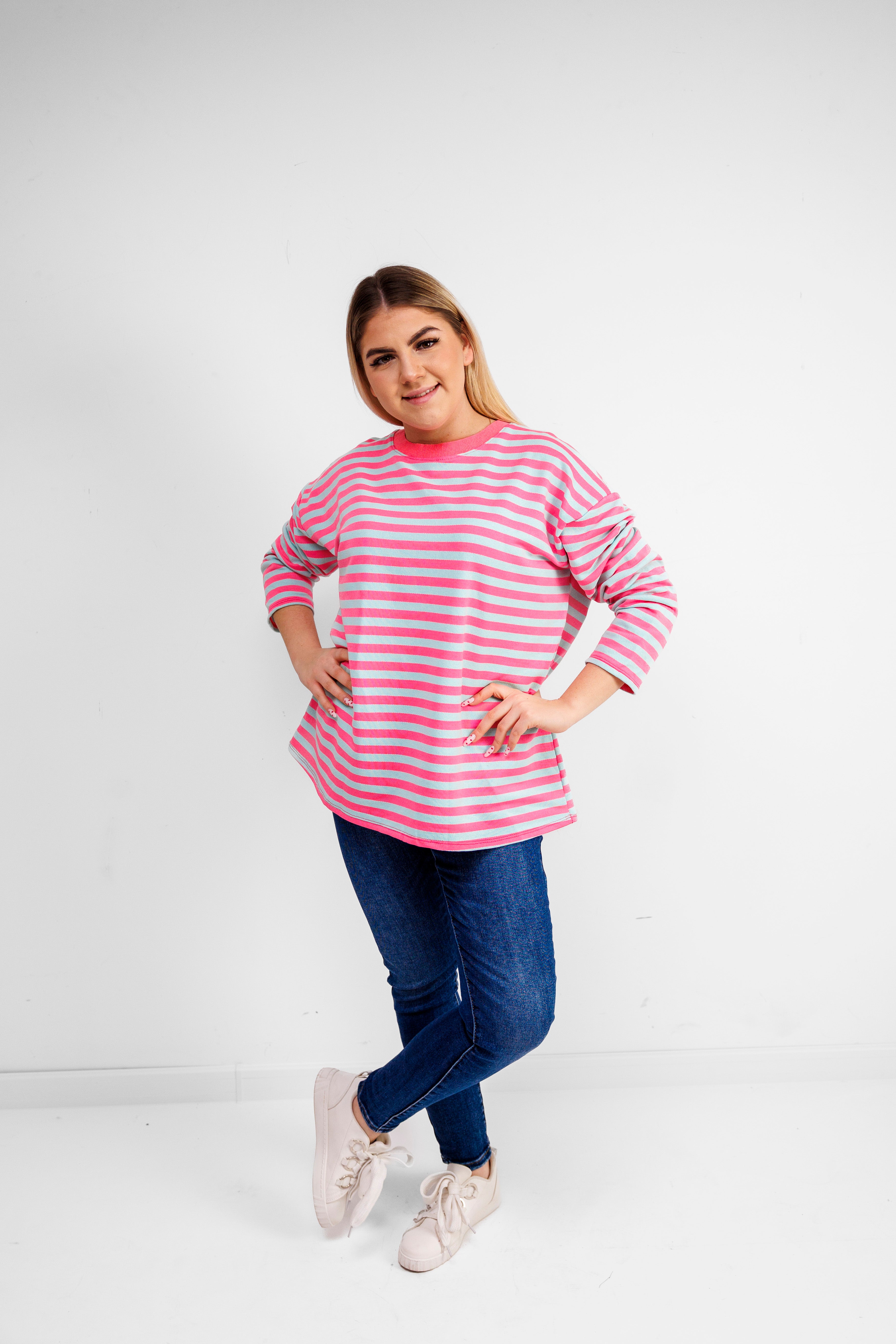 Casualowa bluza bawełniana w paski Różowo-Błękitny