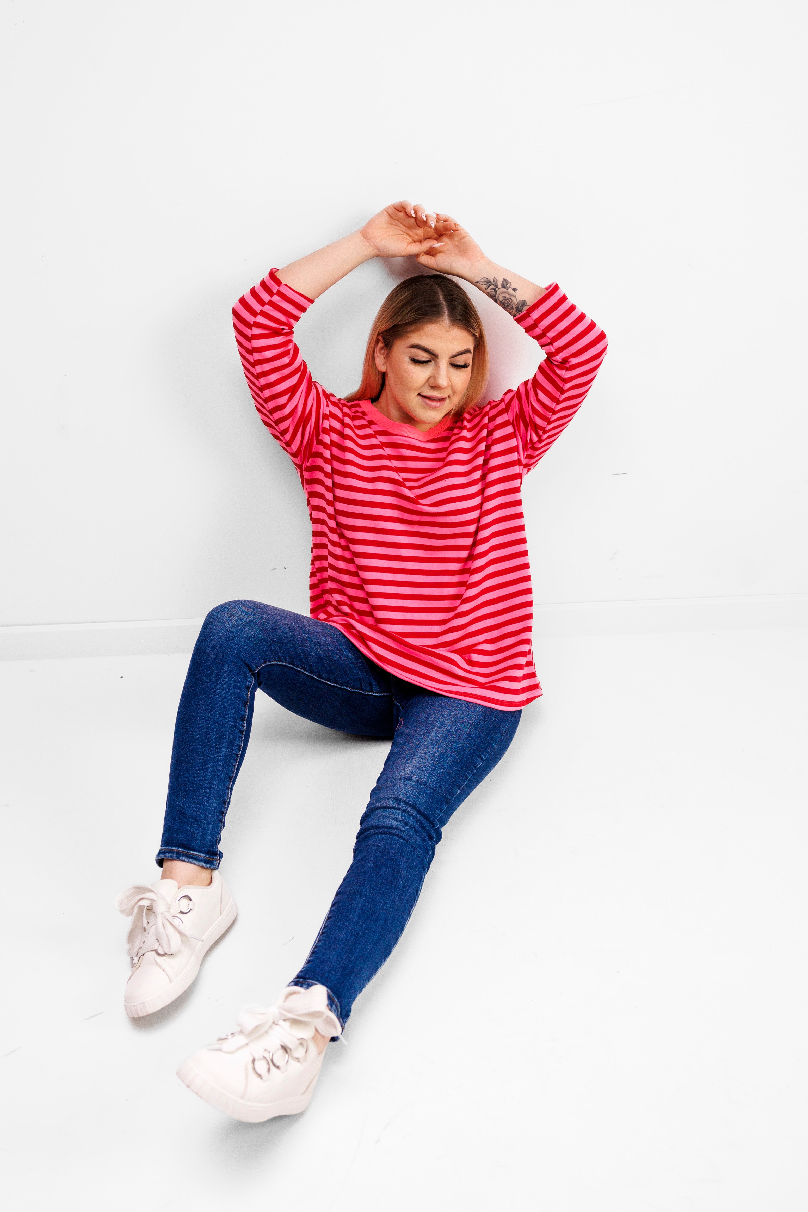 Casualowa bluza bawełniana w paski Różowo-Różowy