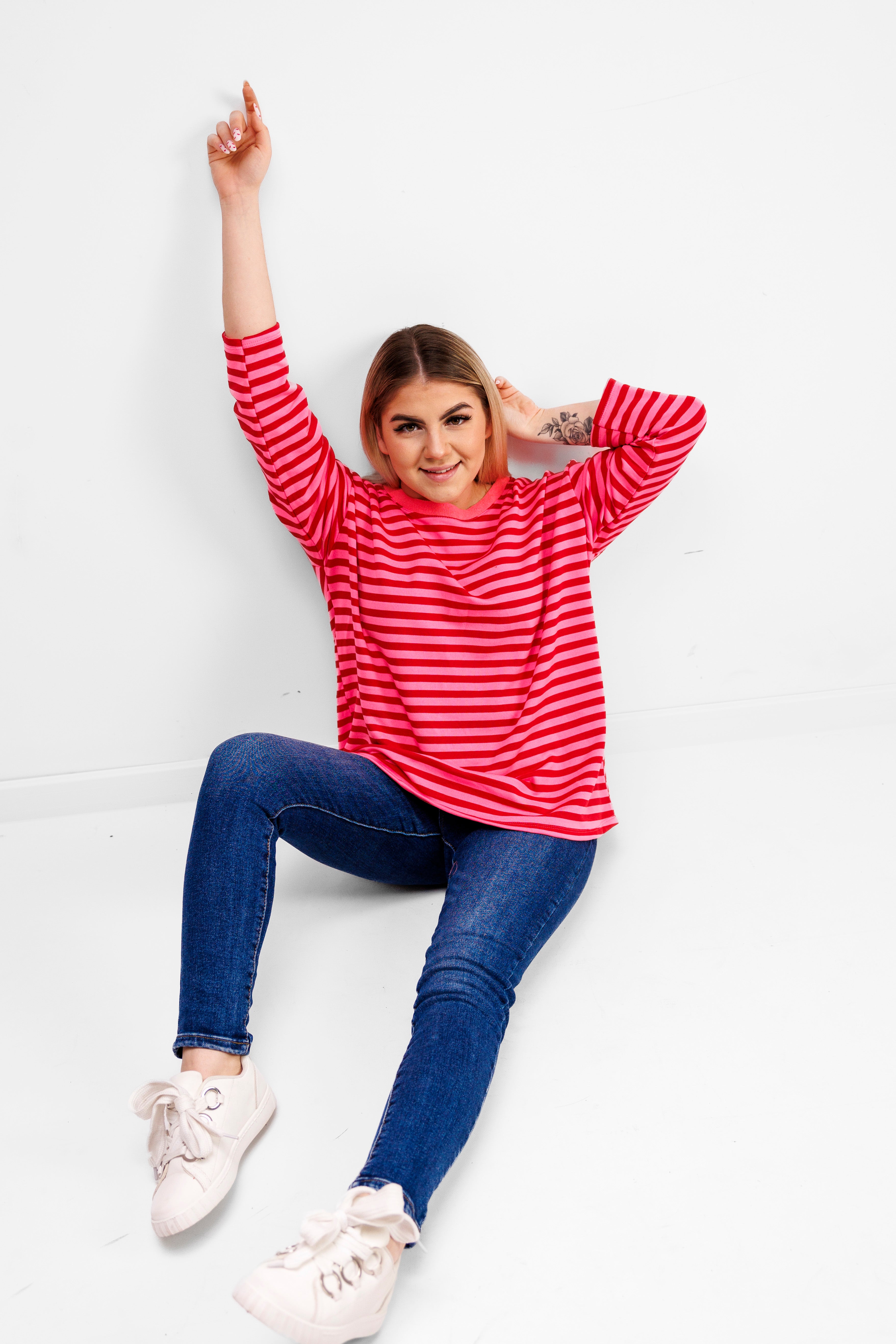 Casualowa bluza bawełniana w paski Różowo-Różowy