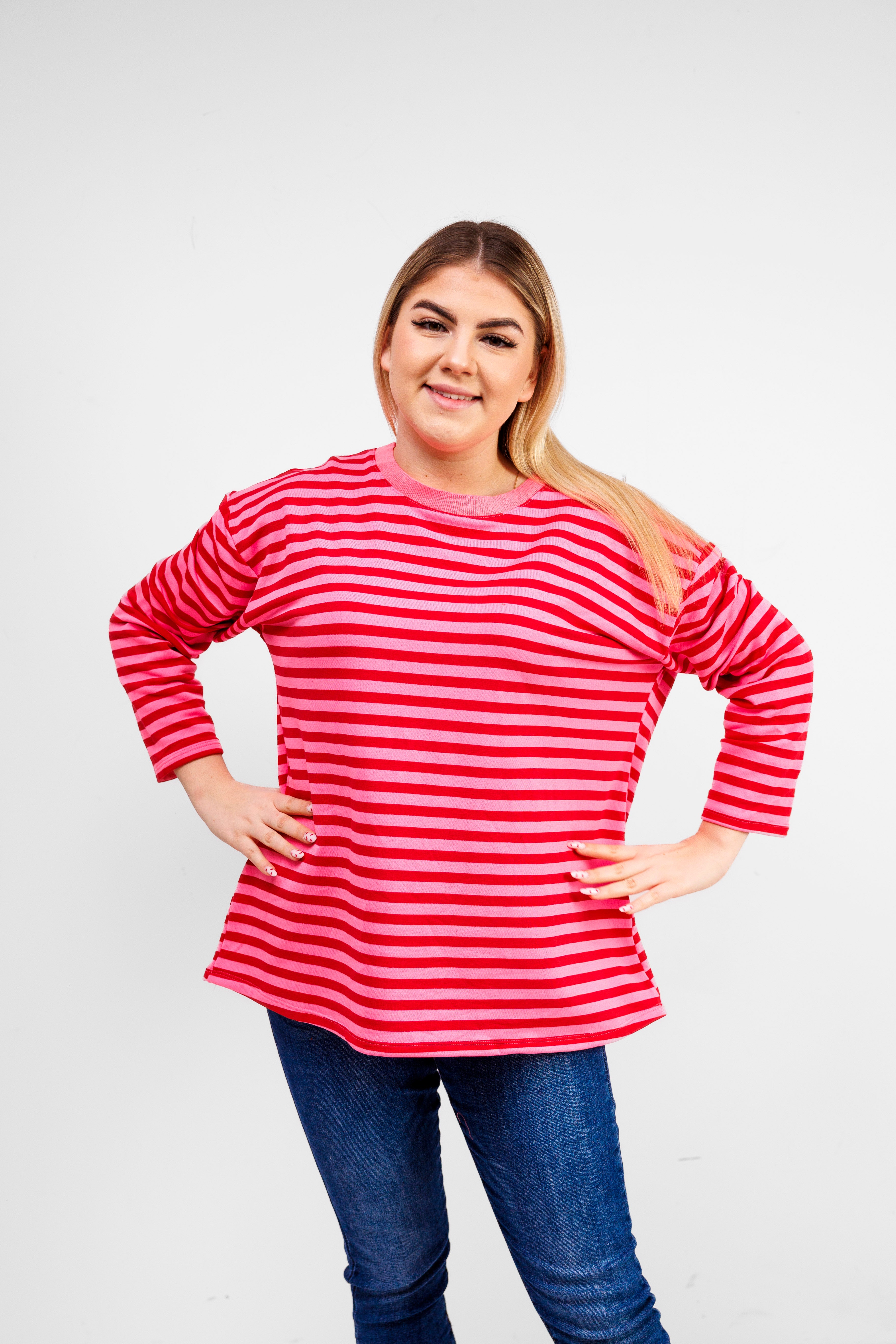 Casualowa bluza bawełniana w paski Różowo-Różowy