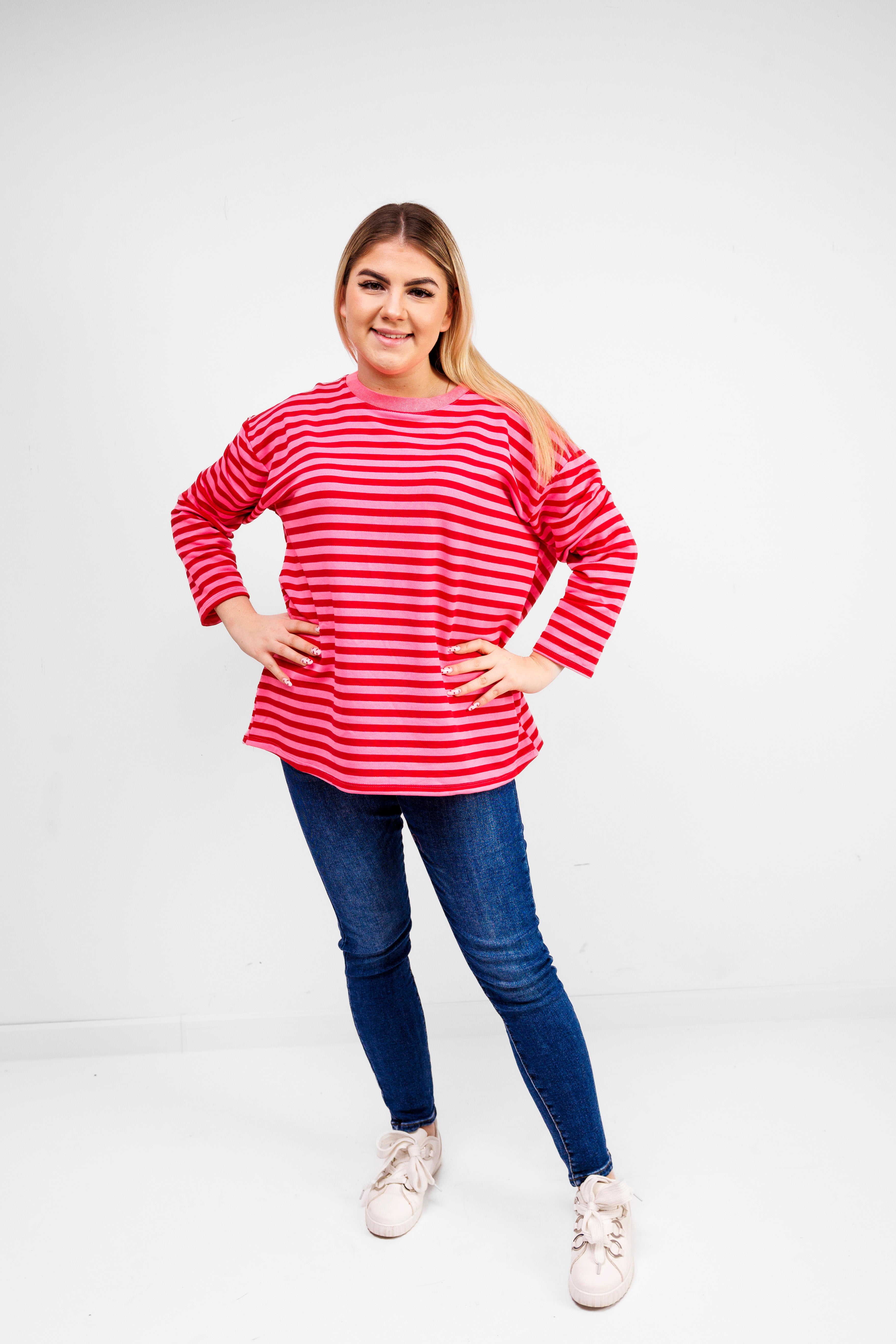 Casualowa bluza bawełniana w paski Różowo-Różowy