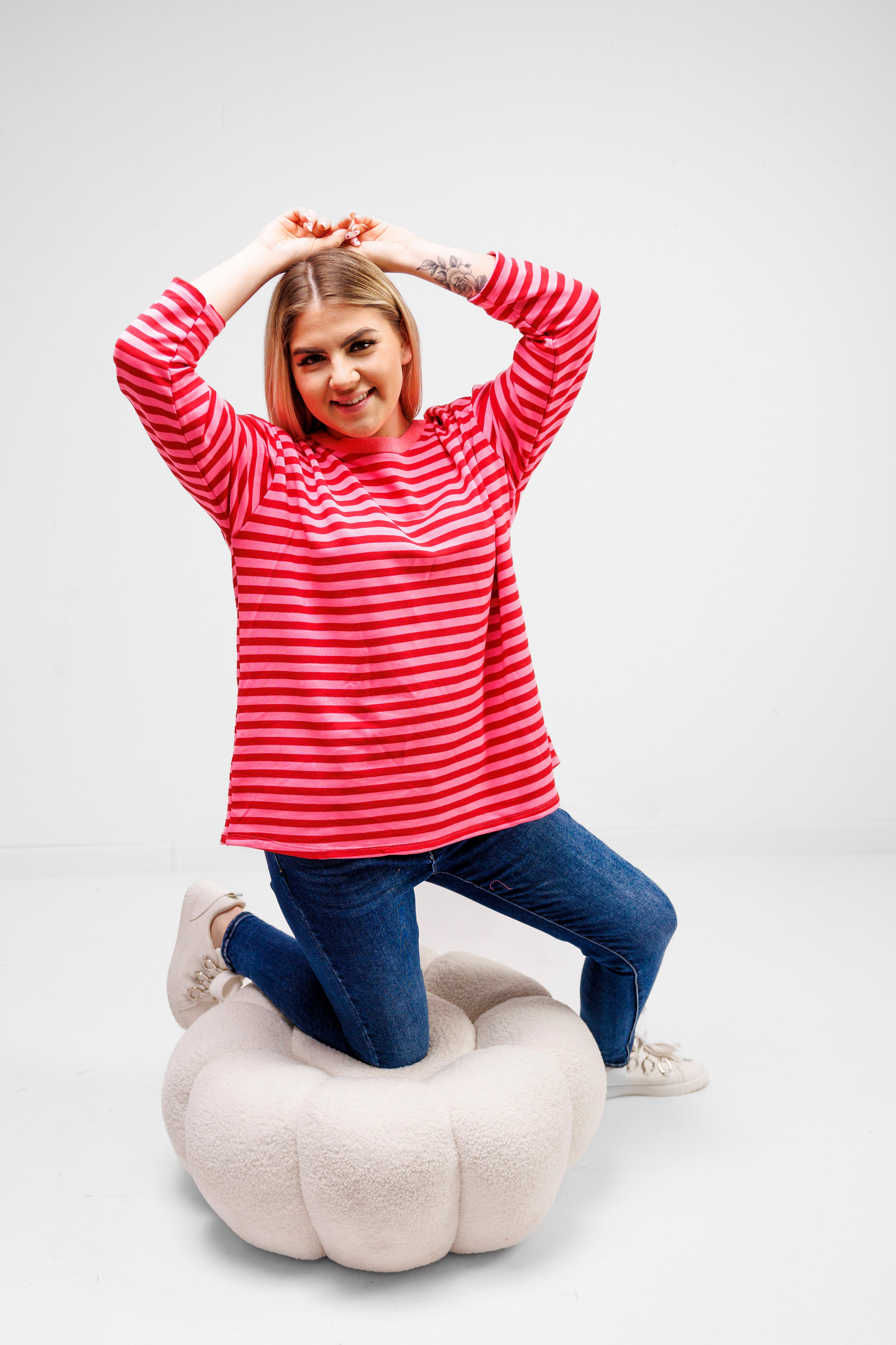 Casualowa bluza bawełniana w paski Różowo-Różowy