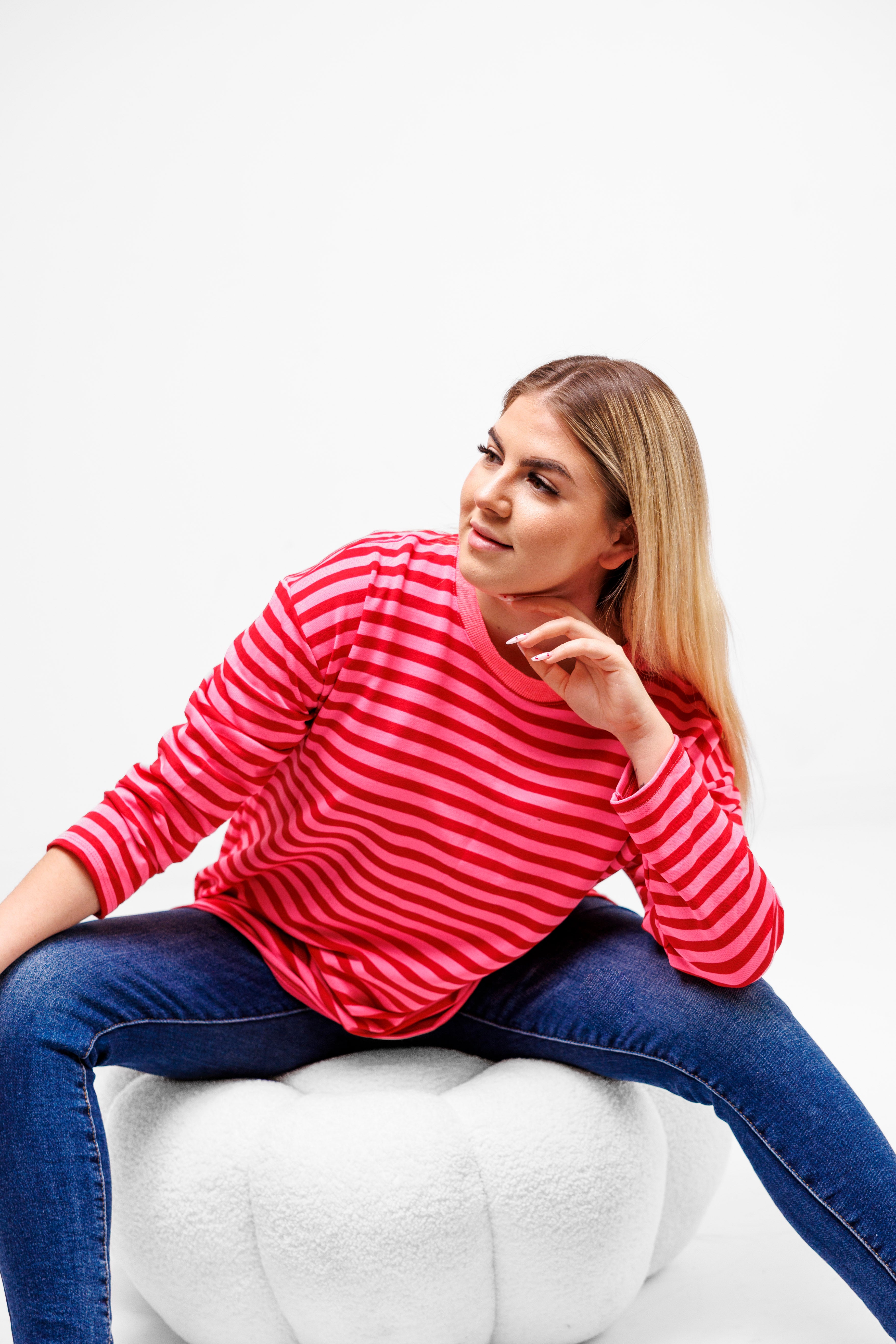 Casualowa bluza bawełniana w paski Różowo-Różowy