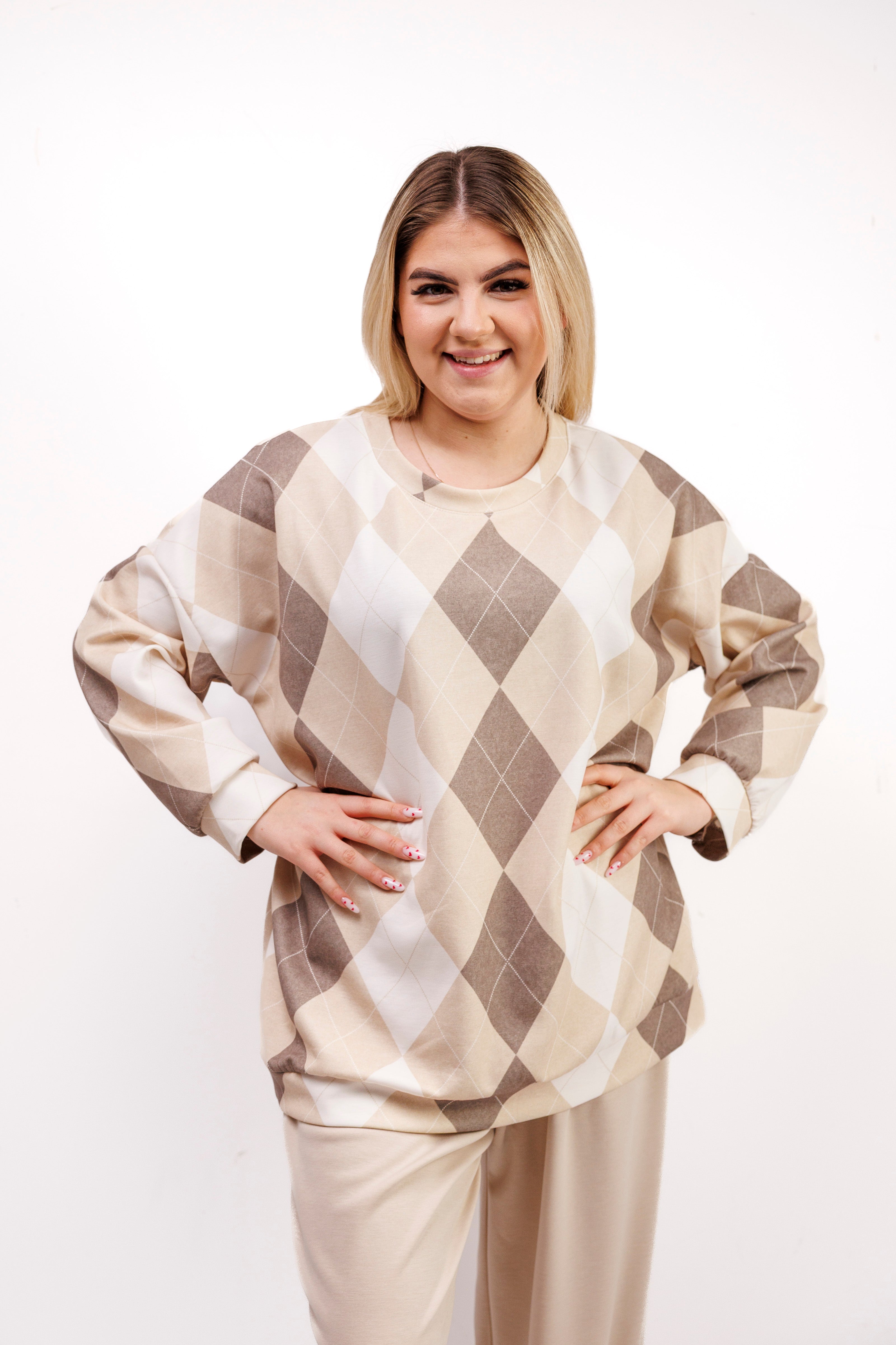 Komplet dresowy z miękkiej wiskozy w romby Beż